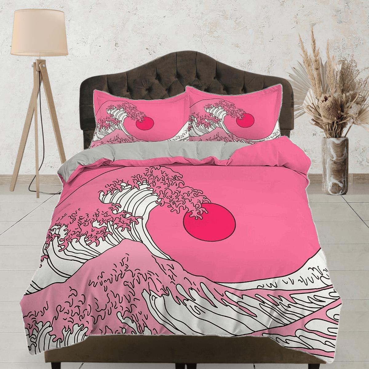 daintyduvet The Great Wave Bedding, Vaporwave Hippie Bedding, Japanese Duvet Cover Set, Aesthetic Pink Duvet Cover King Queen Full Twin Double Single