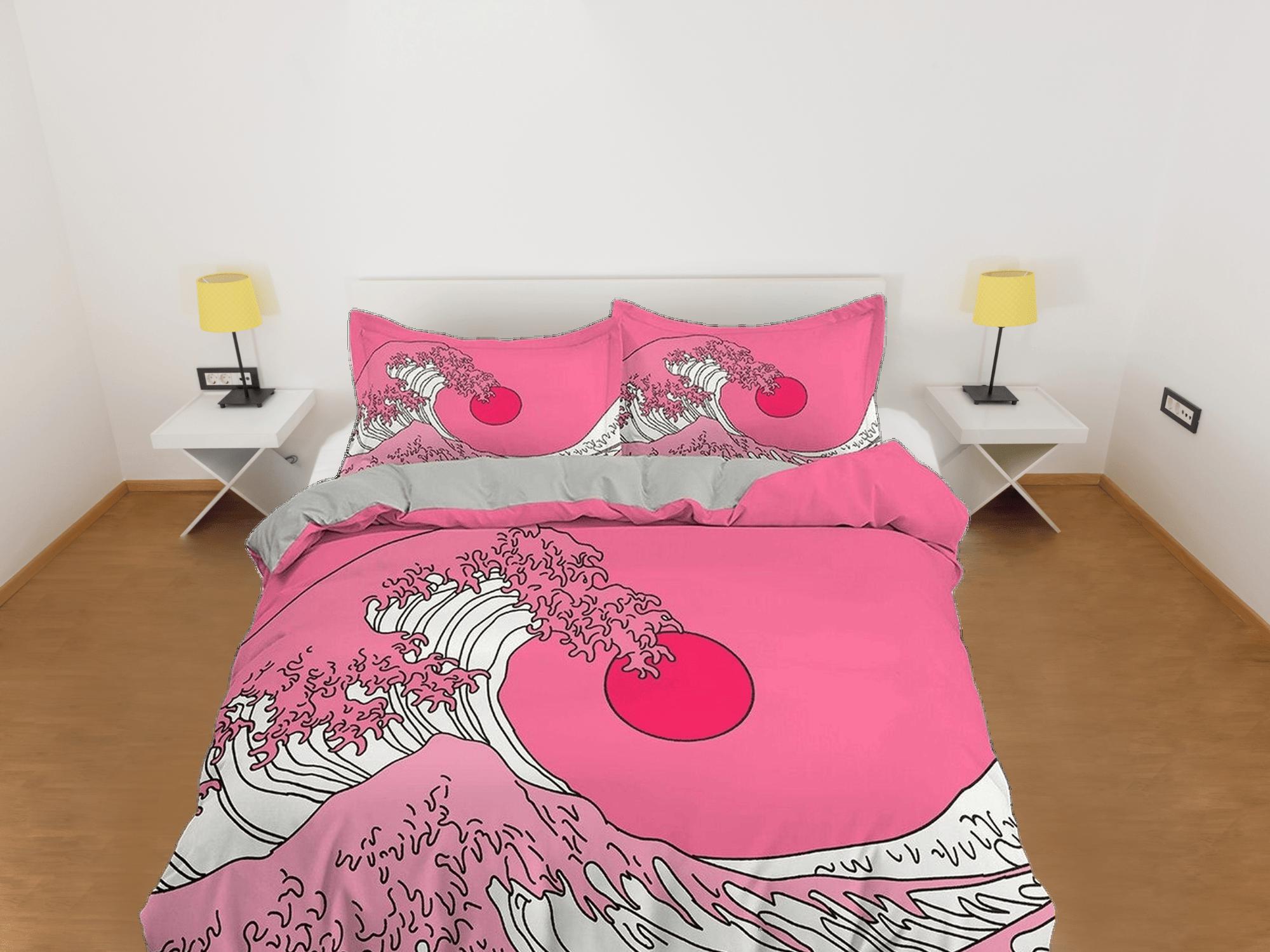 daintyduvet The Great Wave Bedding, Vaporwave Hippie Bedding, Japanese Duvet Cover Set, Aesthetic Pink Duvet Cover King Queen Full Twin Double Single