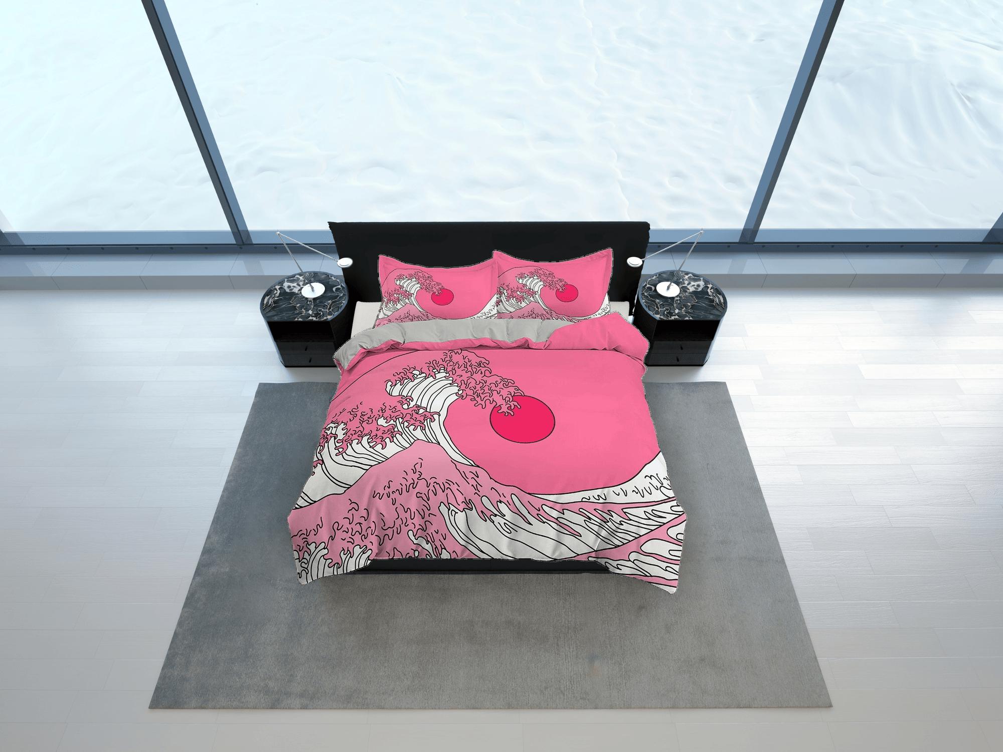 daintyduvet The Great Wave Bedding, Vaporwave Hippie Bedding, Japanese Duvet Cover Set, Aesthetic Pink Duvet Cover King Queen Full Twin Double Single