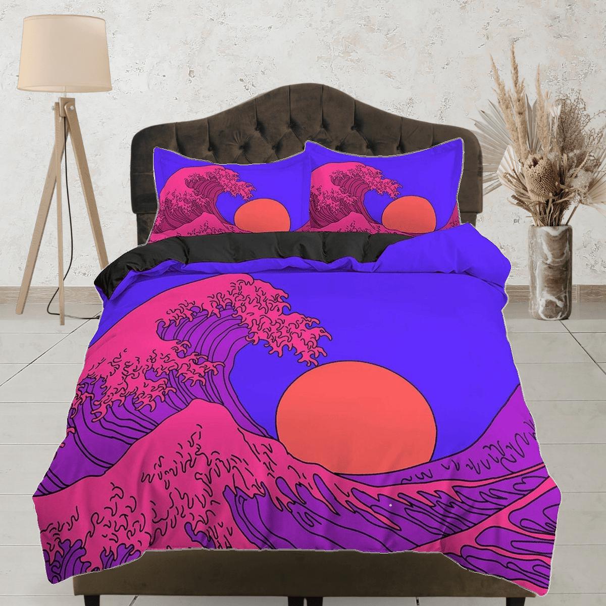 daintyduvet The Great Wave Bedding, Vaporwave Hippie Bedding, Japanese Duvet Cover Set, Aesthetic Purple Duvet Cover King Queen Full Twin Double Single