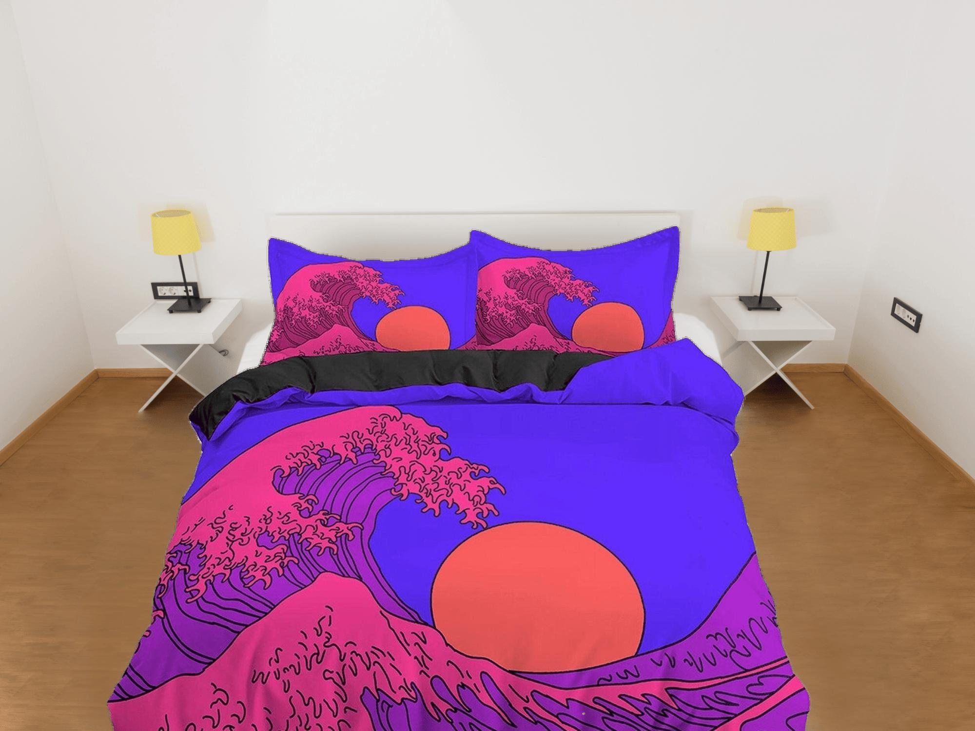 daintyduvet The Great Wave Bedding, Vaporwave Hippie Bedding, Japanese Duvet Cover Set, Aesthetic Purple Duvet Cover King Queen Full Twin Double Single