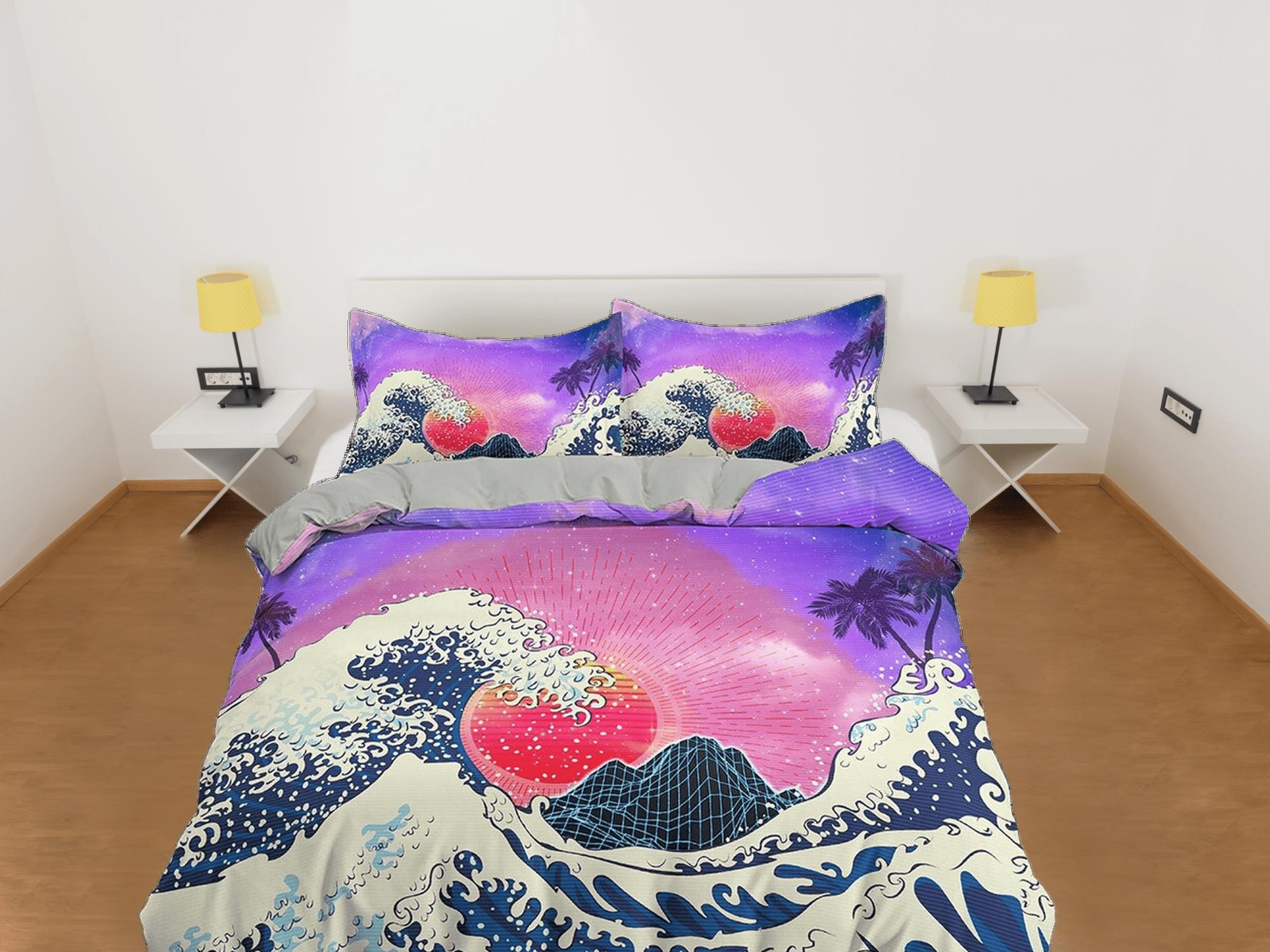 daintyduvet The Great Wave of Kanagawa Bedding, Vaporwave Hippie Bedding, Japanese Duvet Cover Set, Aesthetic Purple Duvet Cover King Queen Full Twin