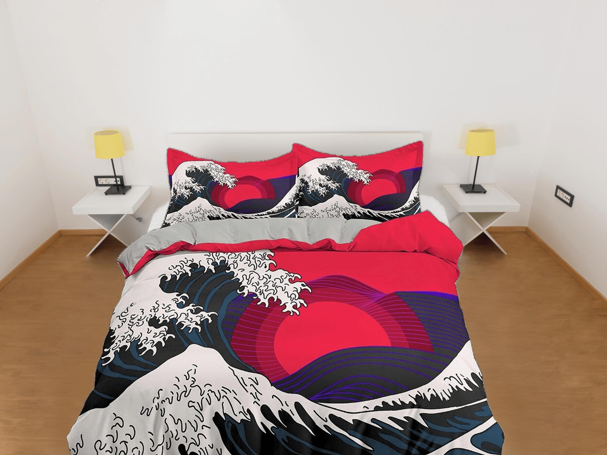 daintyduvet The Great Wave off Kanagawa Bedding, Vaporwave Hippie Bedding, Japanese Duvet Cover Set, Aesthetic Hot Pink Duvet Cover King Queen Full Twin