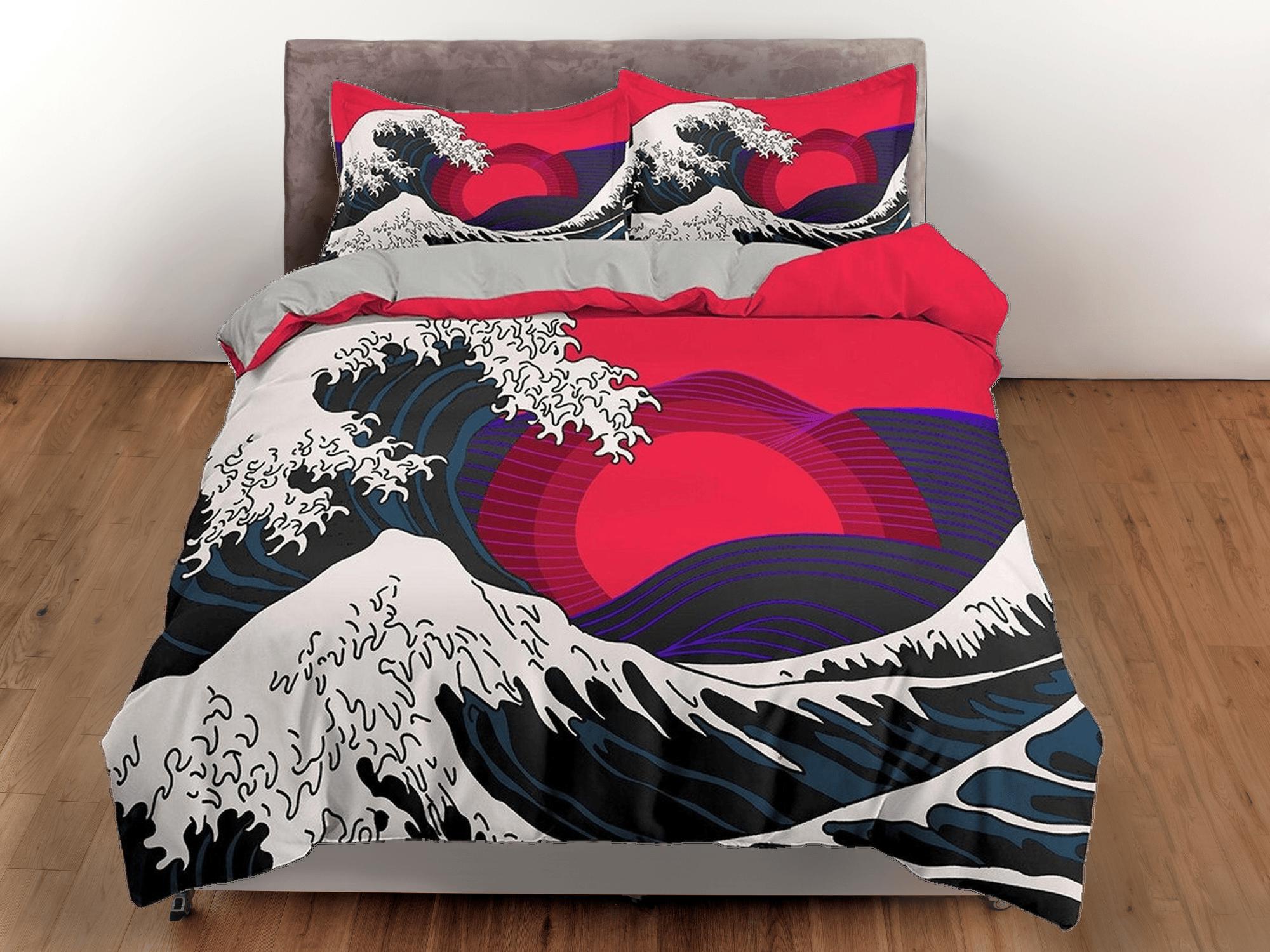 daintyduvet The Great Wave off Kanagawa Bedding, Vaporwave Hippie Bedding, Japanese Duvet Cover Set, Aesthetic Hot Pink Duvet Cover King Queen Full Twin