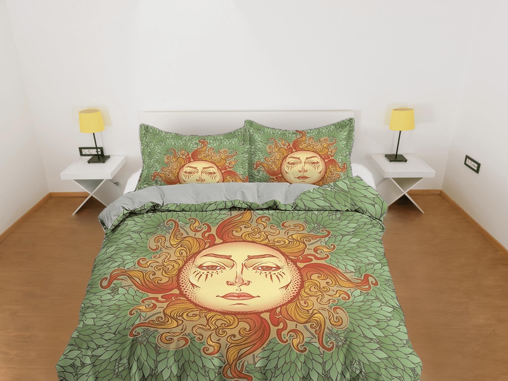 daintyduvet The Sun Tarot Astrology Boho Bedding Sage Green, Zodiac Gift Celestial Dorm Bedding, Duvet Cover, Aesthetic Duvet King Queen Full Twin