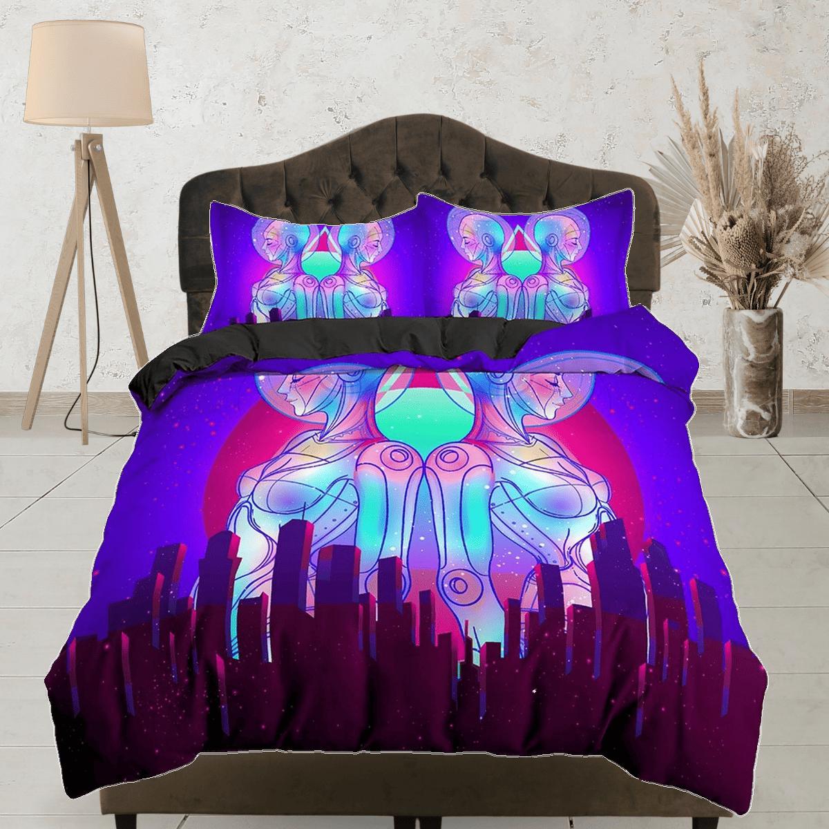 daintyduvet Trippy Art Skyscraper City Buildings Purple Bedding, Cool Hippie Psychedelic Duvet Cover Set, Vaporwave Unisex Bed Cover, 90s Neon Lights