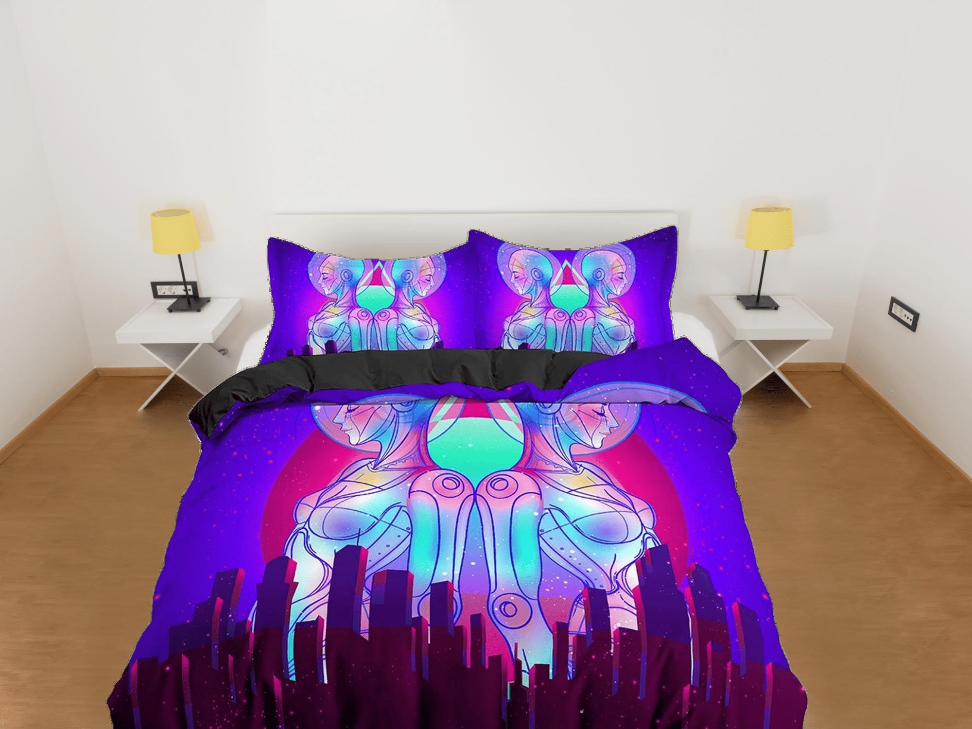 daintyduvet Trippy Art Skyscraper City Buildings Purple Bedding, Cool Hippie Psychedelic Duvet Cover Set, Vaporwave Unisex Bed Cover, 90s Neon Lights