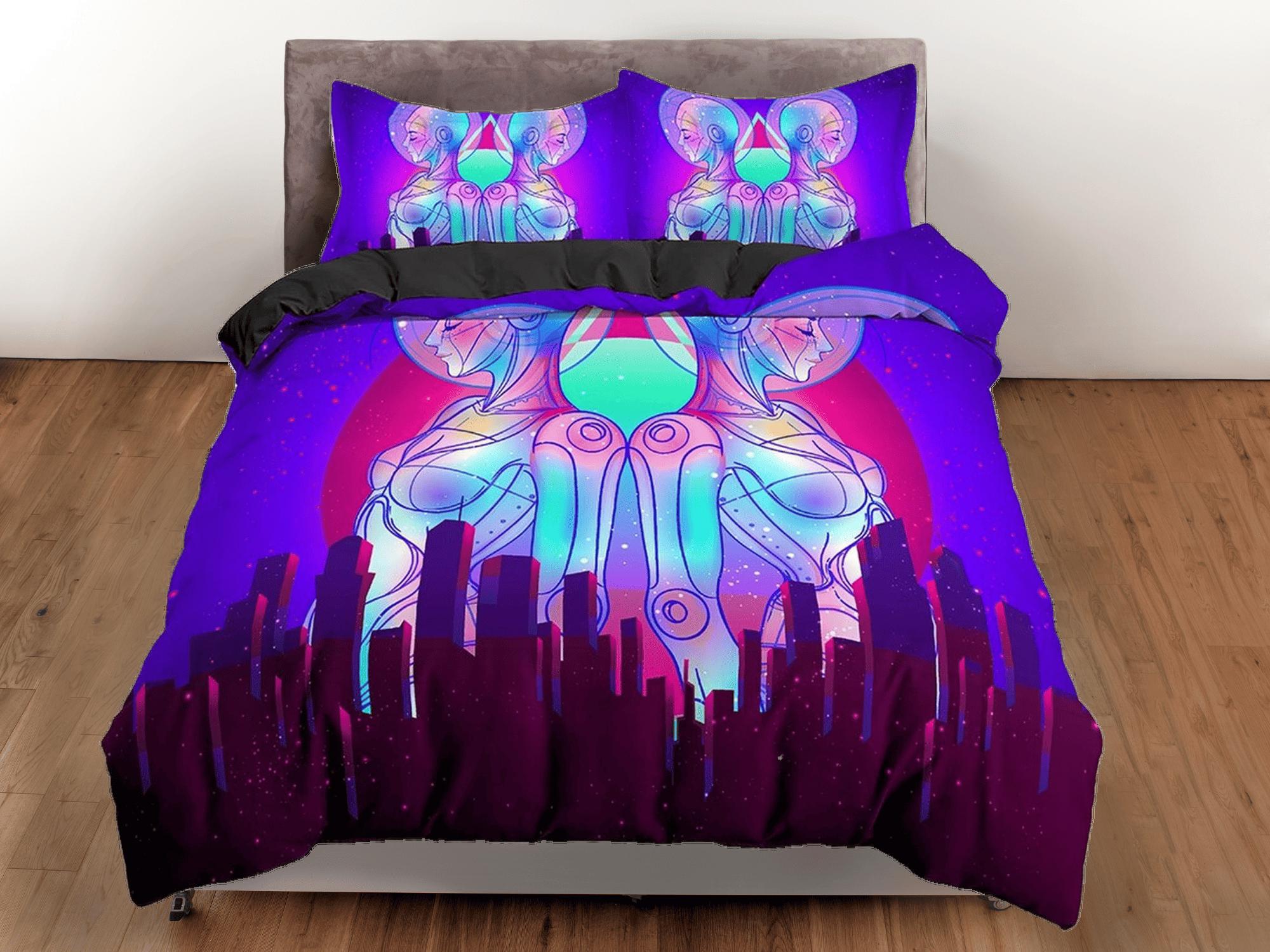 daintyduvet Trippy Art Skyscraper City Buildings Purple Bedding, Cool Hippie Psychedelic Duvet Cover Set, Vaporwave Unisex Bed Cover, 90s Neon Lights