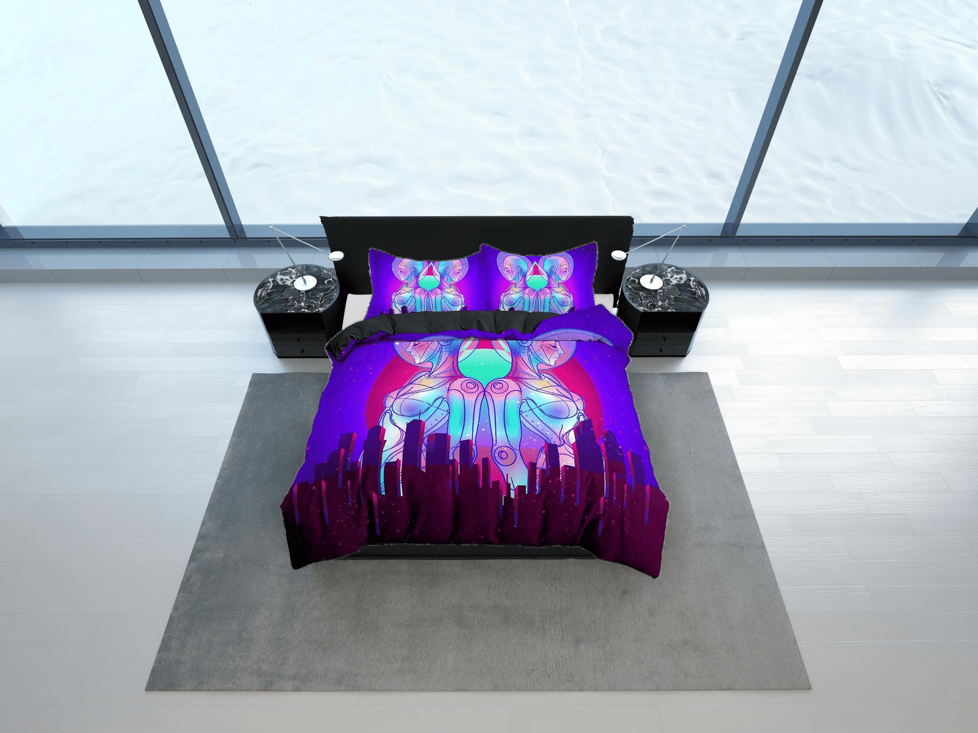 daintyduvet Trippy Art Skyscraper City Buildings Purple Bedding, Cool Hippie Psychedelic Duvet Cover Set, Vaporwave Unisex Bed Cover, 90s Neon Lights
