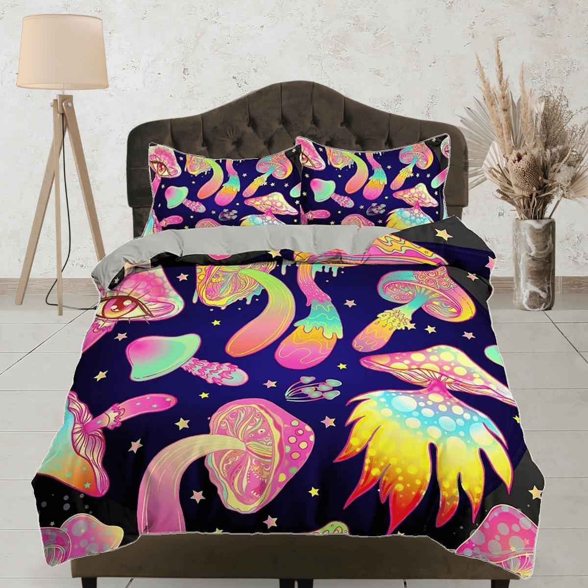 daintyduvet Trippy pink mushrooms duvet cover hippie bedding set full, queen, king, preppy dorm bedding, indie room decor, aesthetic bedspread y2k
