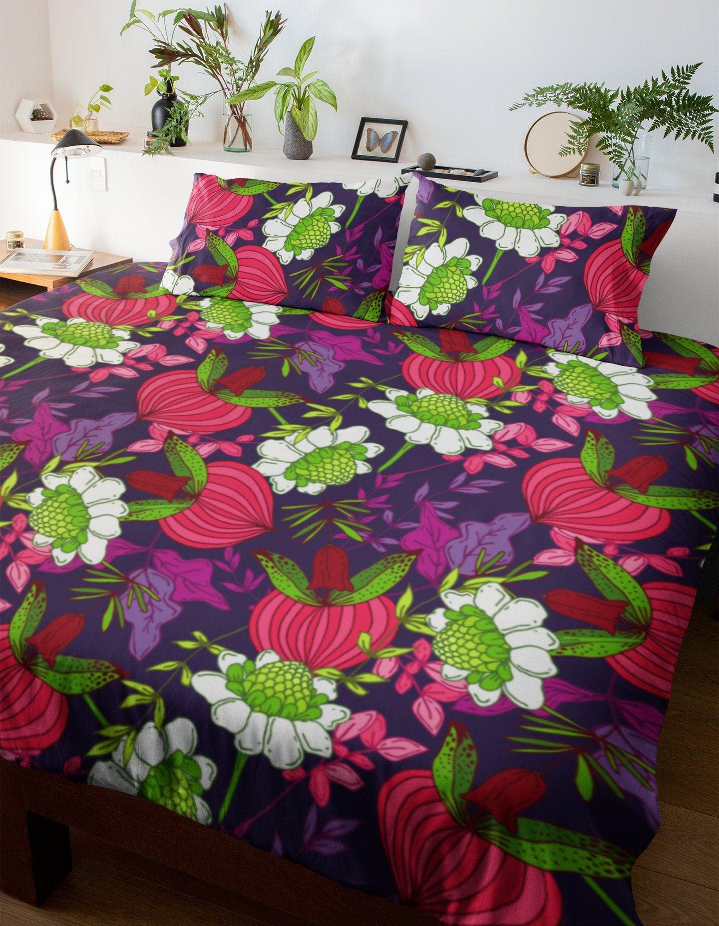 daintyduvet Tropical Duvet Cover Full Set | Colorful Bedding Set Floral Design | Purple Comforter Cover Set