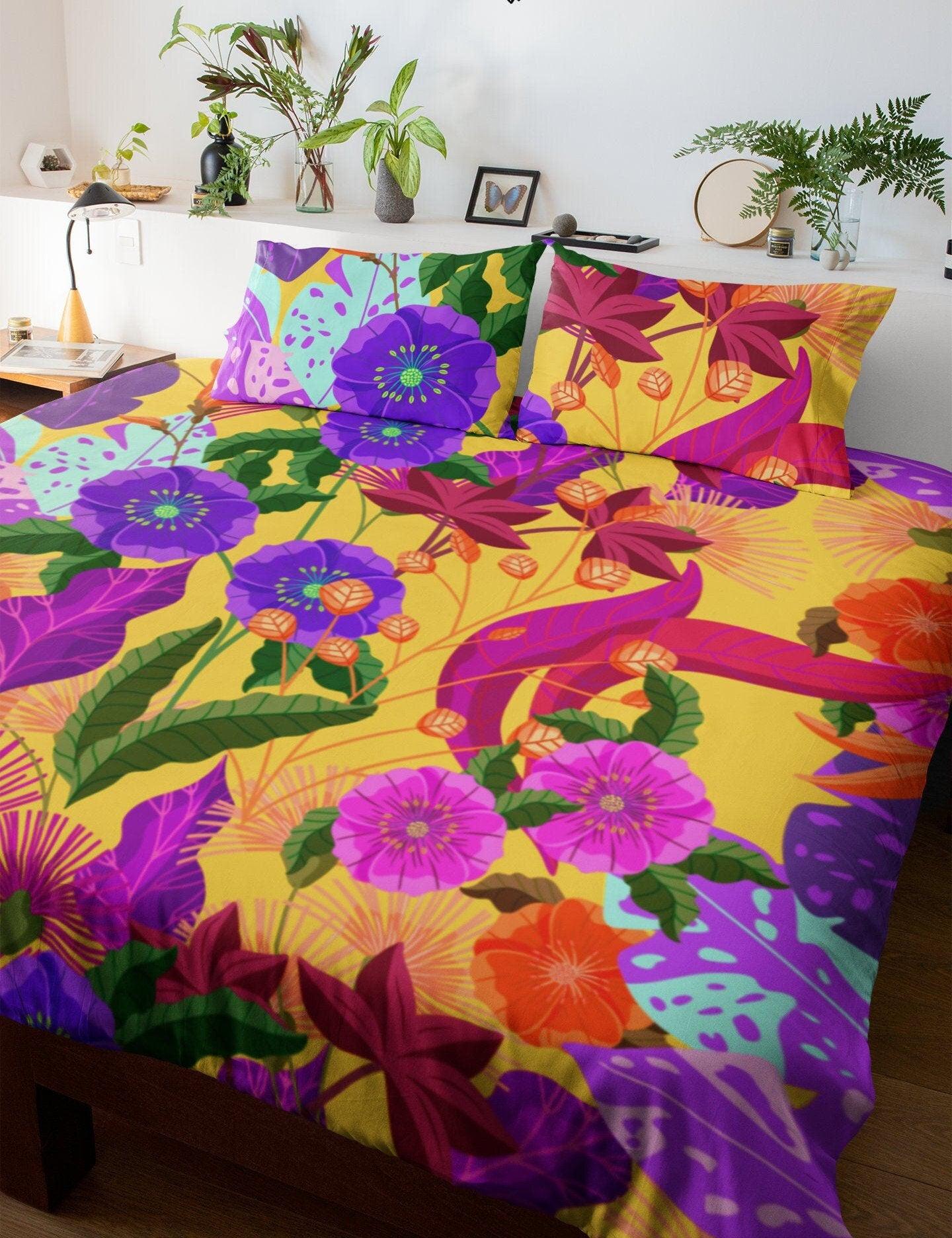 daintyduvet Tropical Yellow Duvet Cover Colorful Floral Design | Bedding Set with Pillow Cover Case