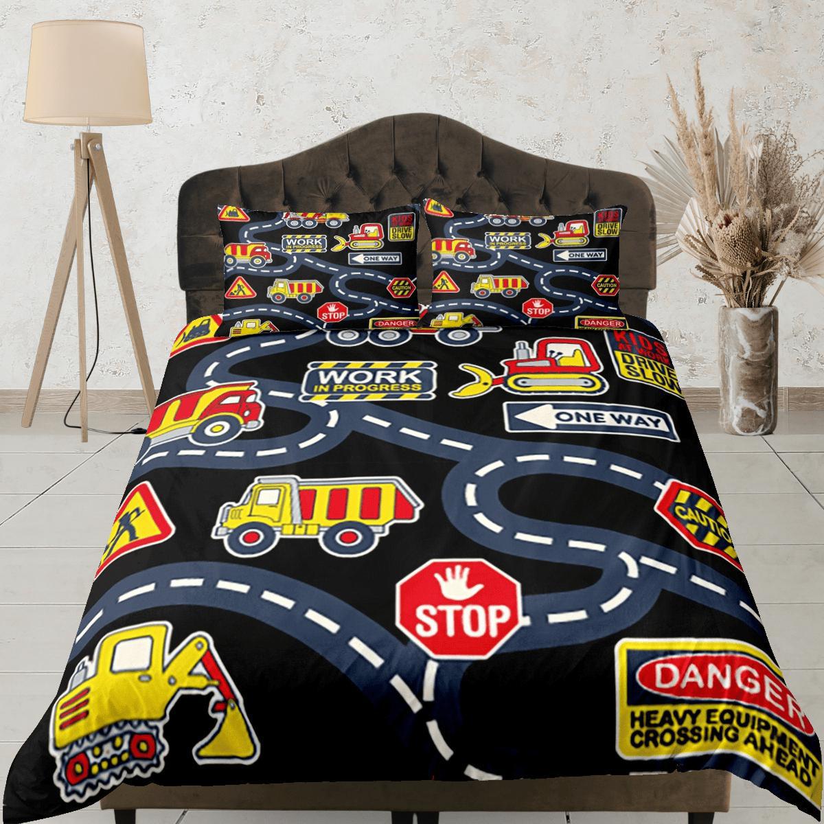 daintyduvet Trucks and Road Signs Black Duvet Cover Set Colorful Kids Full Bedding Set with Pillowcase, Comforter Cover Twin