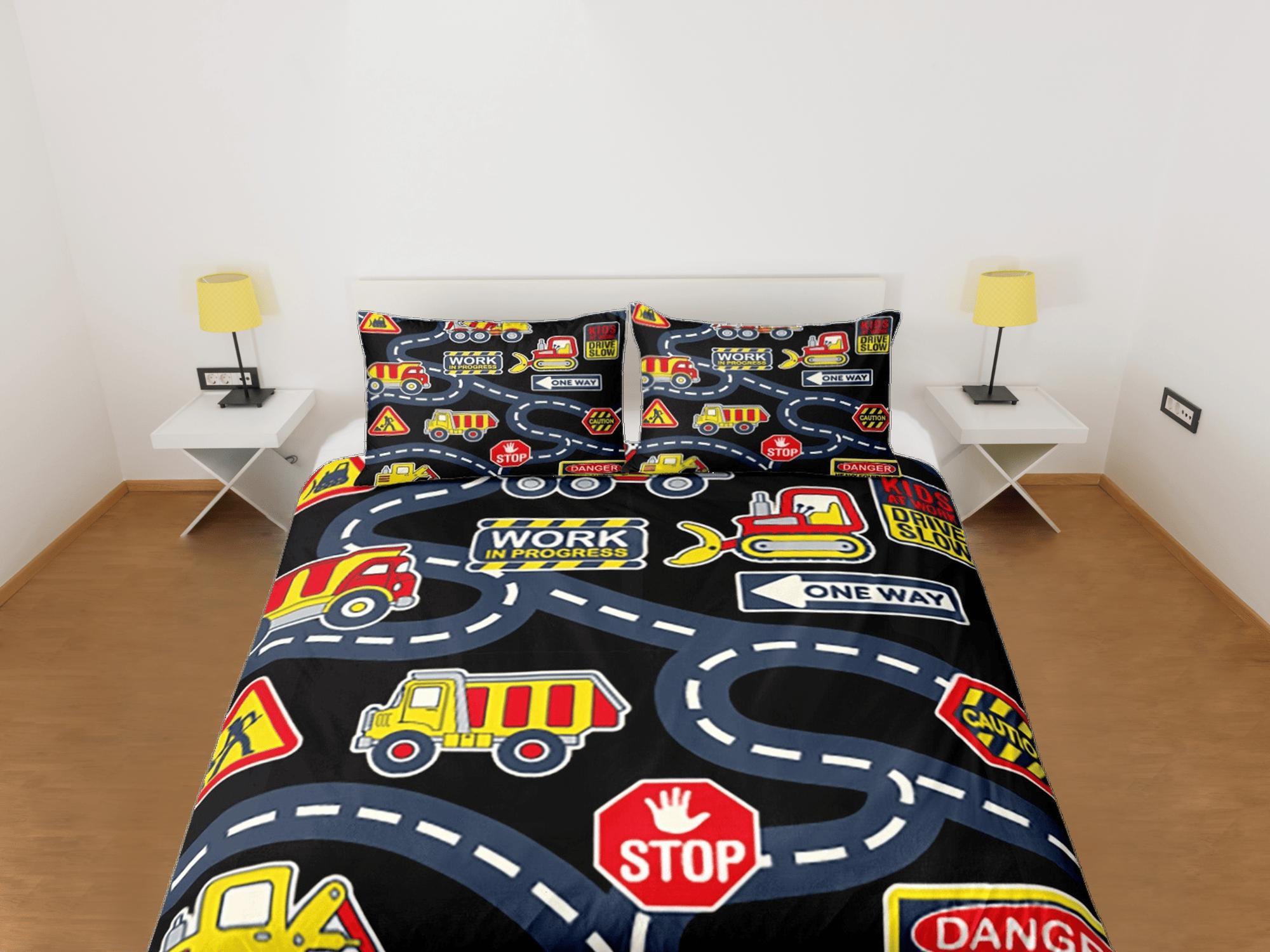 daintyduvet Trucks and Road Signs Black Duvet Cover Set Colorful Kids Full Bedding Set with Pillowcase, Comforter Cover Twin