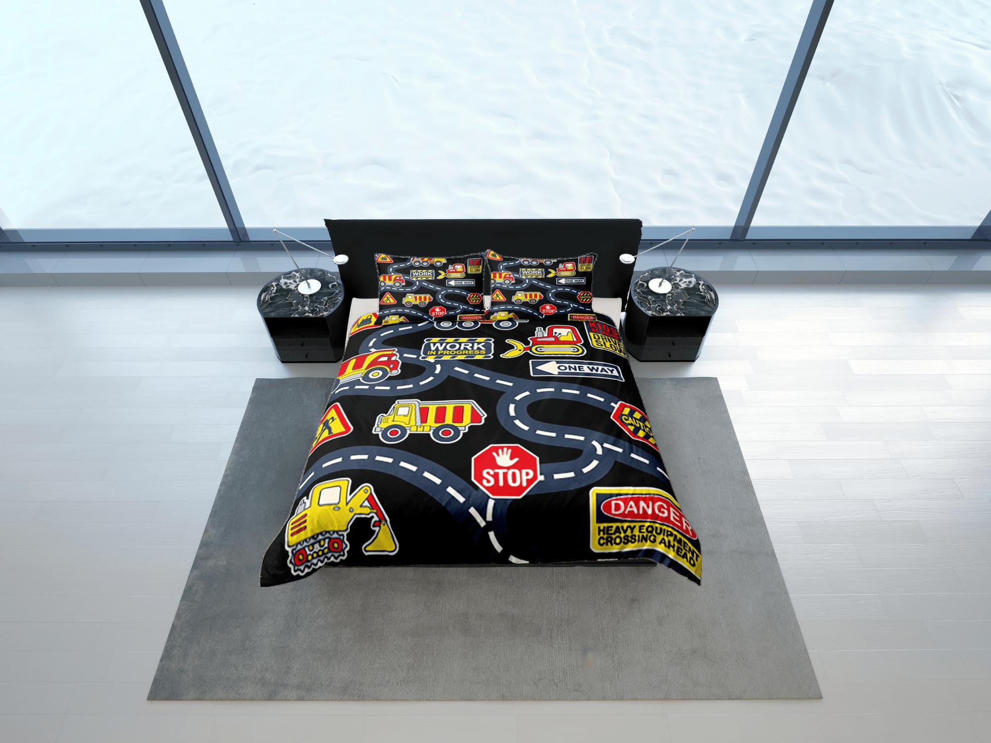 daintyduvet Trucks and Road Signs Black Duvet Cover Set Colorful Kids Full Bedding Set with Pillowcase, Comforter Cover Twin