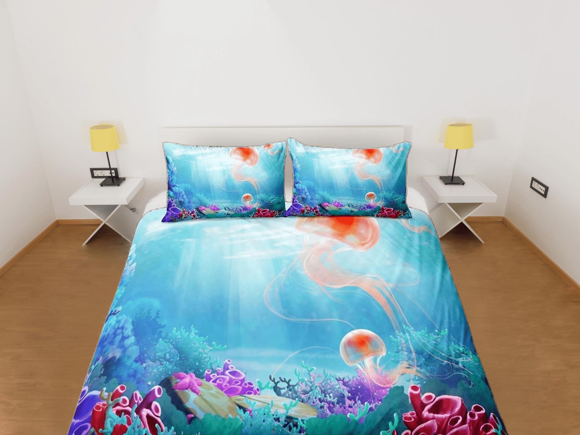daintyduvet Under the sea jellyfish bedding blue duvet cover, ocean blush sea animal bedding set full king queen twin crib toddler, dorm bedding gift