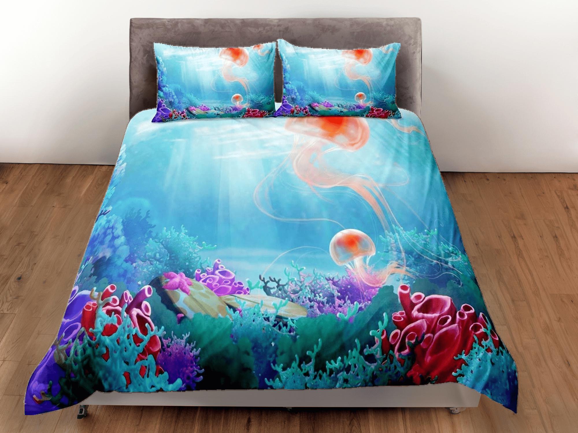 daintyduvet Under the sea jellyfish bedding blue duvet cover, ocean blush sea animal bedding set full king queen twin crib toddler, dorm bedding gift