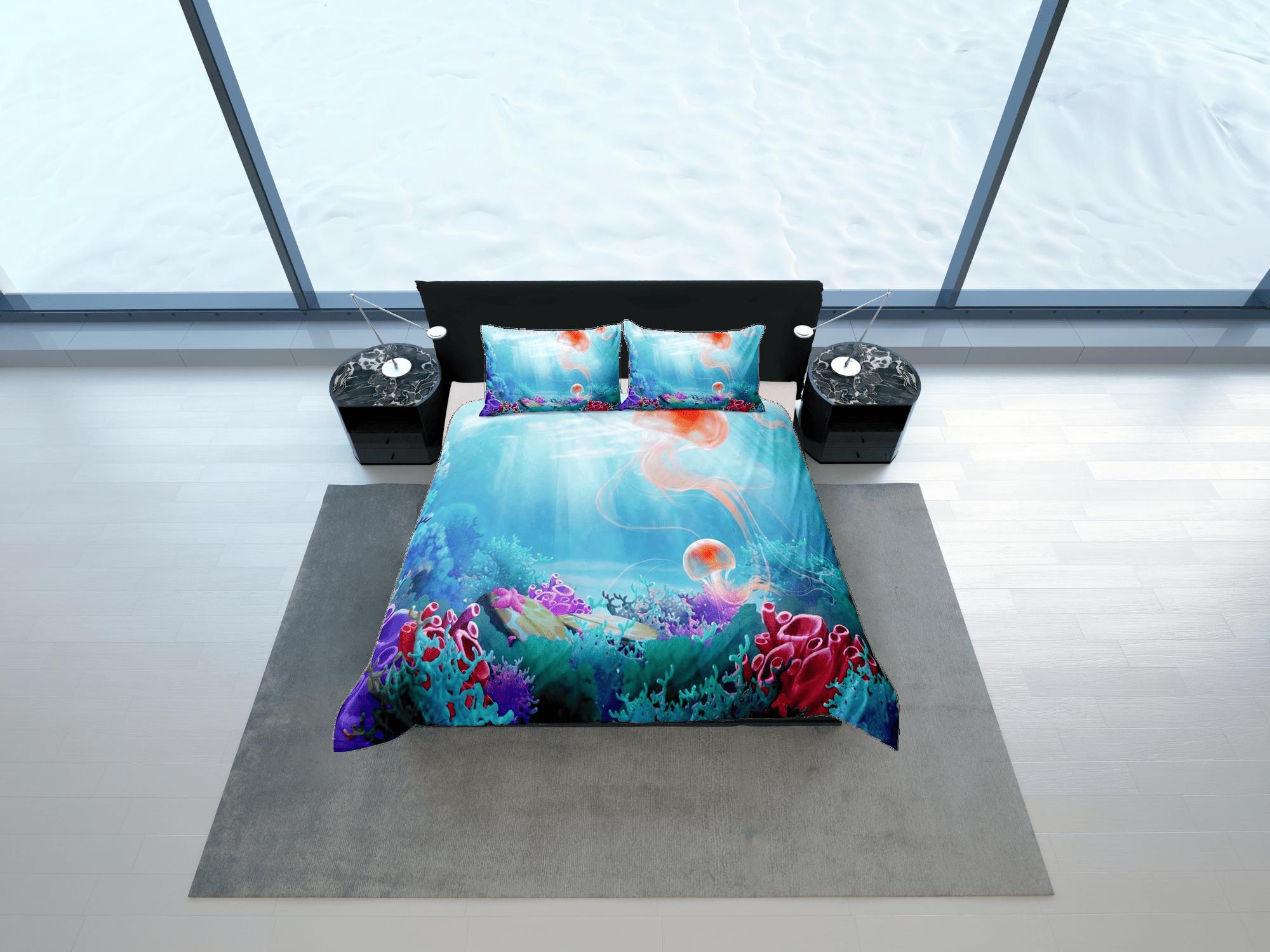 daintyduvet Under the sea jellyfish bedding blue duvet cover, ocean blush sea animal bedding set full king queen twin crib toddler, dorm bedding gift