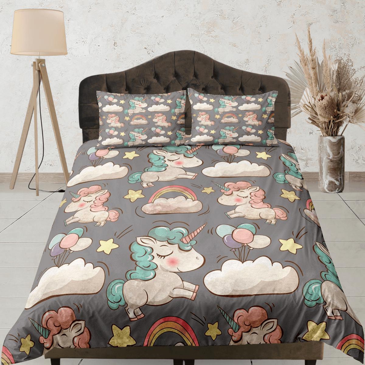 daintyduvet Unicorn Grey Duvet Cover Set Cute Bedspread, Animal Dorm Bedding with Pillowcase