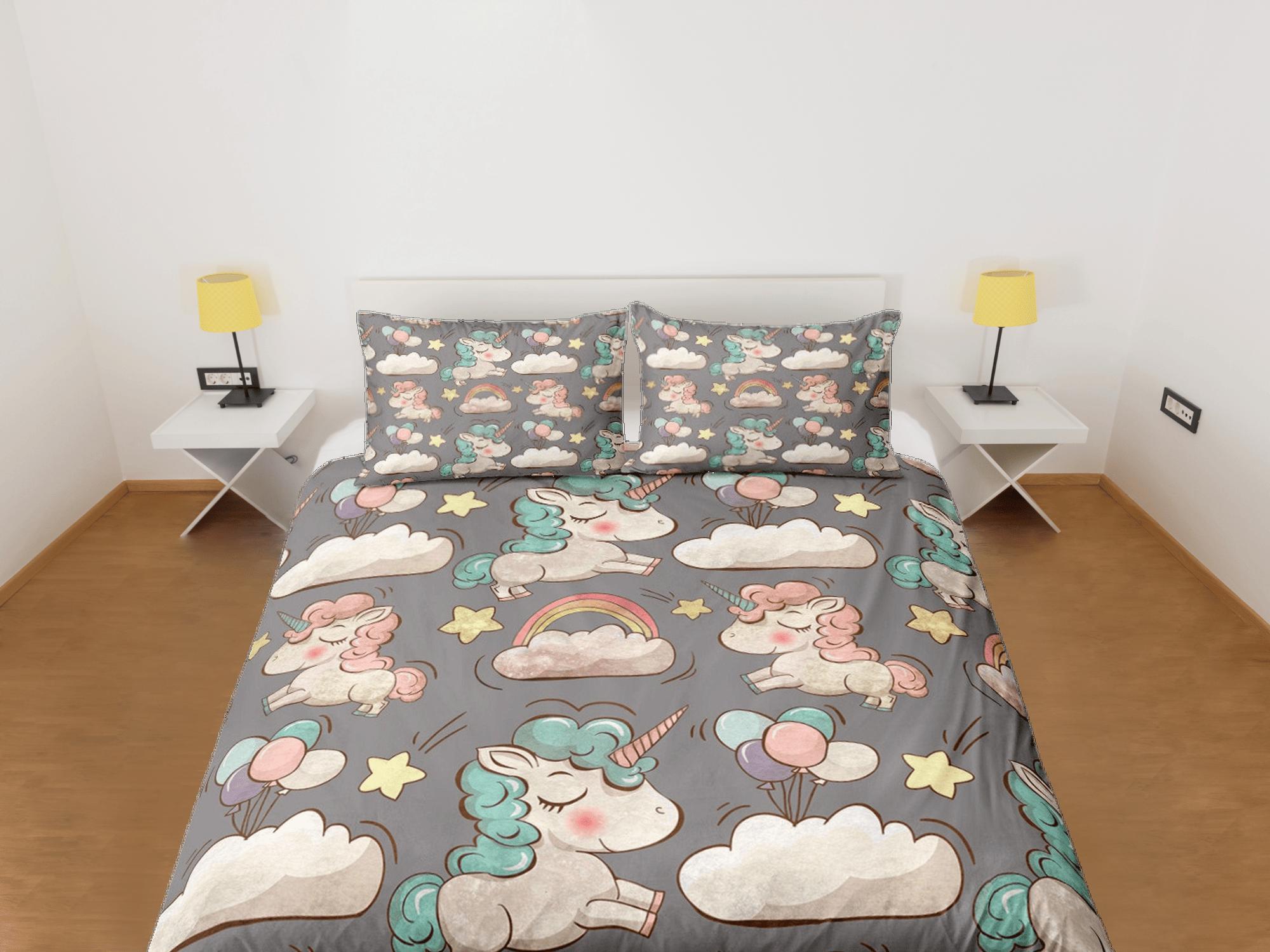 daintyduvet Unicorn Grey Duvet Cover Set Cute Bedspread, Animal Dorm Bedding with Pillowcase