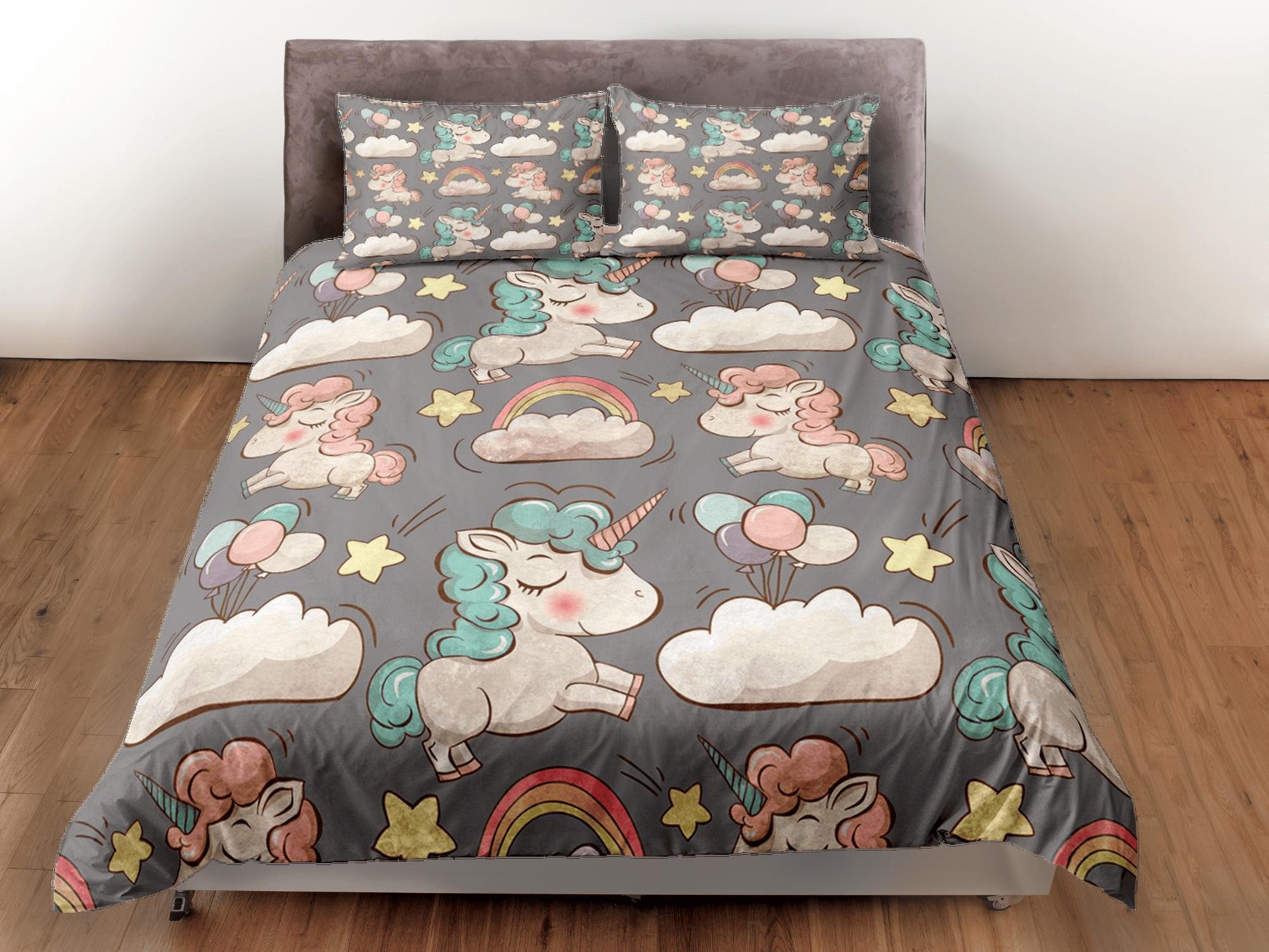 daintyduvet Unicorn Grey Duvet Cover Set Cute Bedspread, Animal Dorm Bedding with Pillowcase