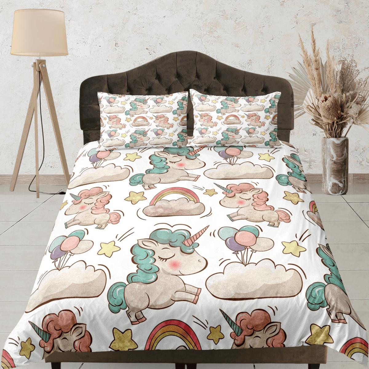 daintyduvet Unicorn White Duvet Cover Set Cute Bedspread, Animal Dorm Bedding with Pillowcase