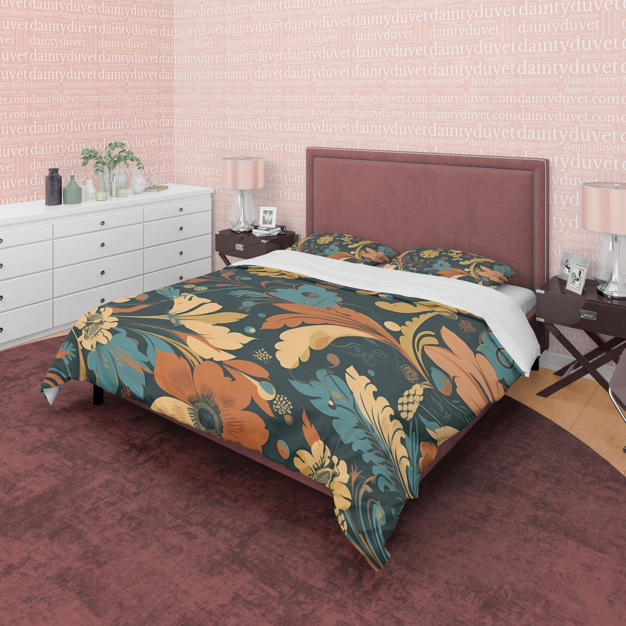 Unique Plant Boho Duvet Cover Retro Bedding, Tropical Leaf Quilt Cover, Seamless Pattern Bed Cover, Vintage Blanket Cover Zipper Bedding