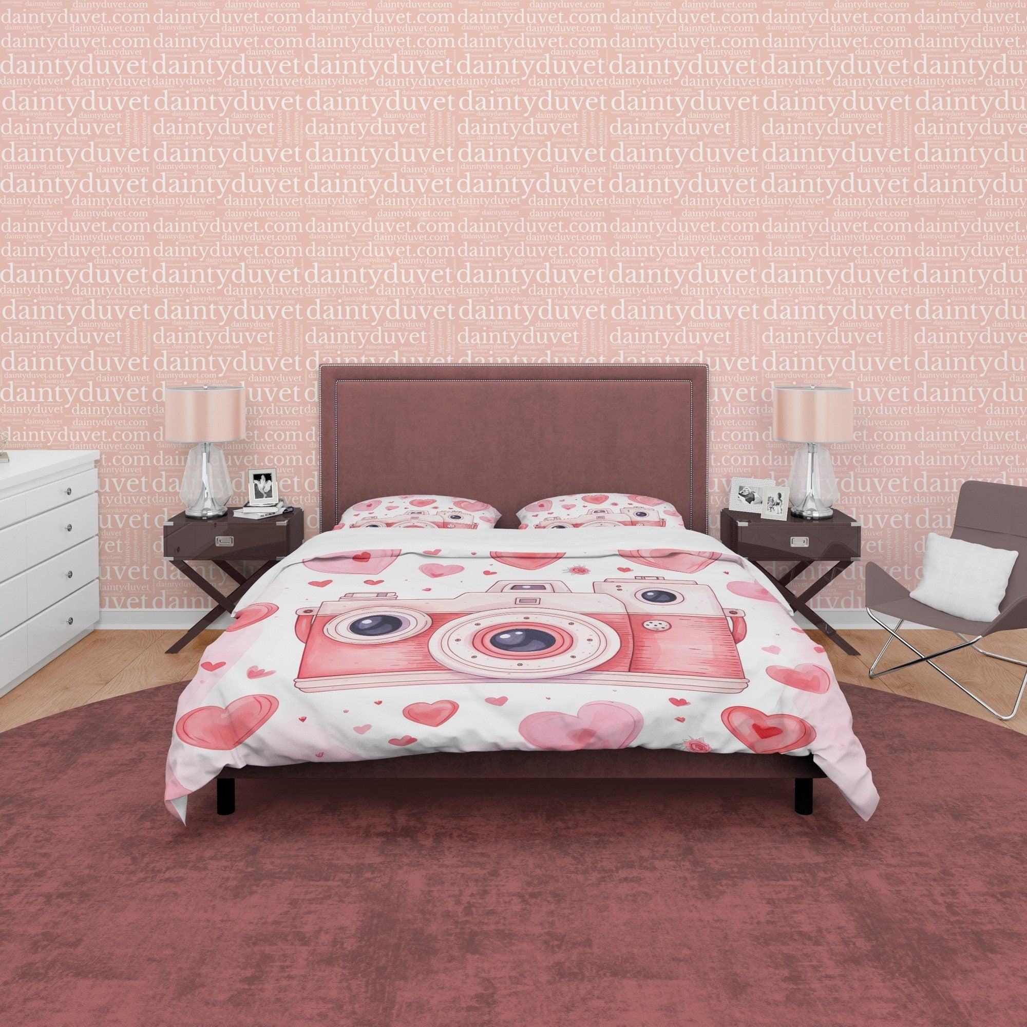 Unique Retro Camera Duvet Cover Set Baby Pink Bedding, Girly Bedroom Set, Cute Quilt Cover, Photophille Bedspread, Photographer Gift