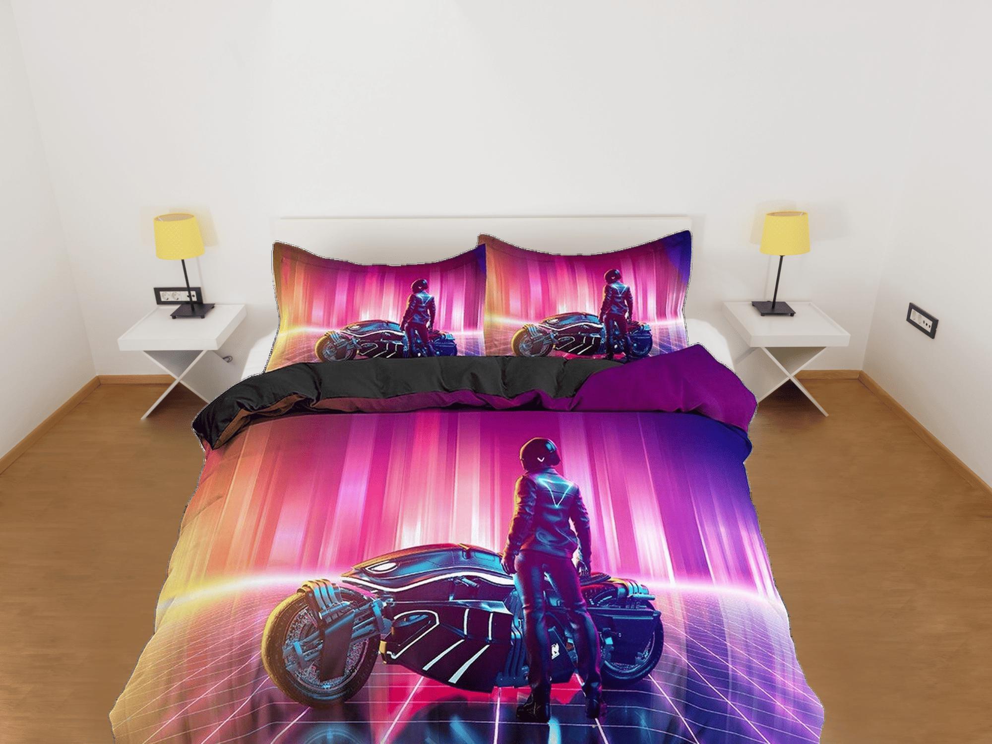 daintyduvet Vaporwave Motorcycle Rider Bedding, Cool Hippie Duvet Cover Set for Boys Bedroom, Trippy Psychedelic Bed Cover, Gradient Colors