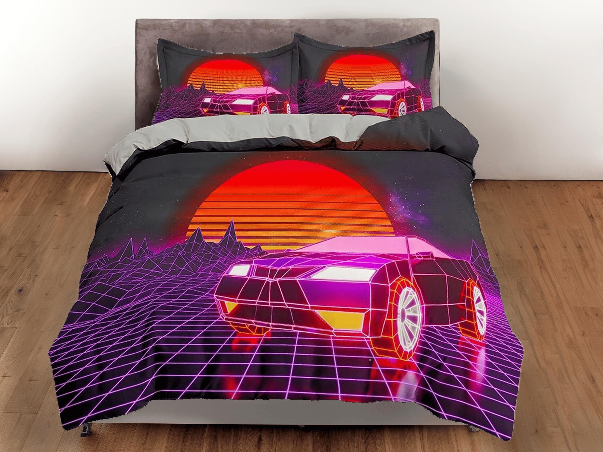 daintyduvet Vaporwave Retro Car in Sunset Bedding, Cool Hippie Duvet Cover Set for Boys Bedroom, Trippy Psychedelic Bed Cover, King Queen Full Twin Bed