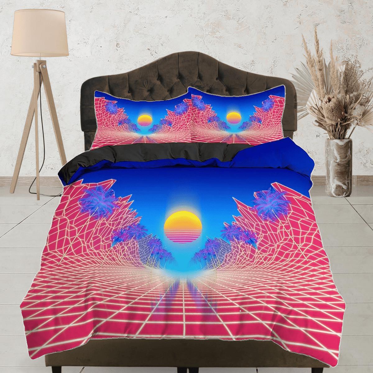daintyduvet Vaporwave Sun in Pink and Blue Bedding, Cool Hippie Geometric Duvet Cover Set, Trippy Psychedelic Bed Cover, 90s Nostalgia Home Decor