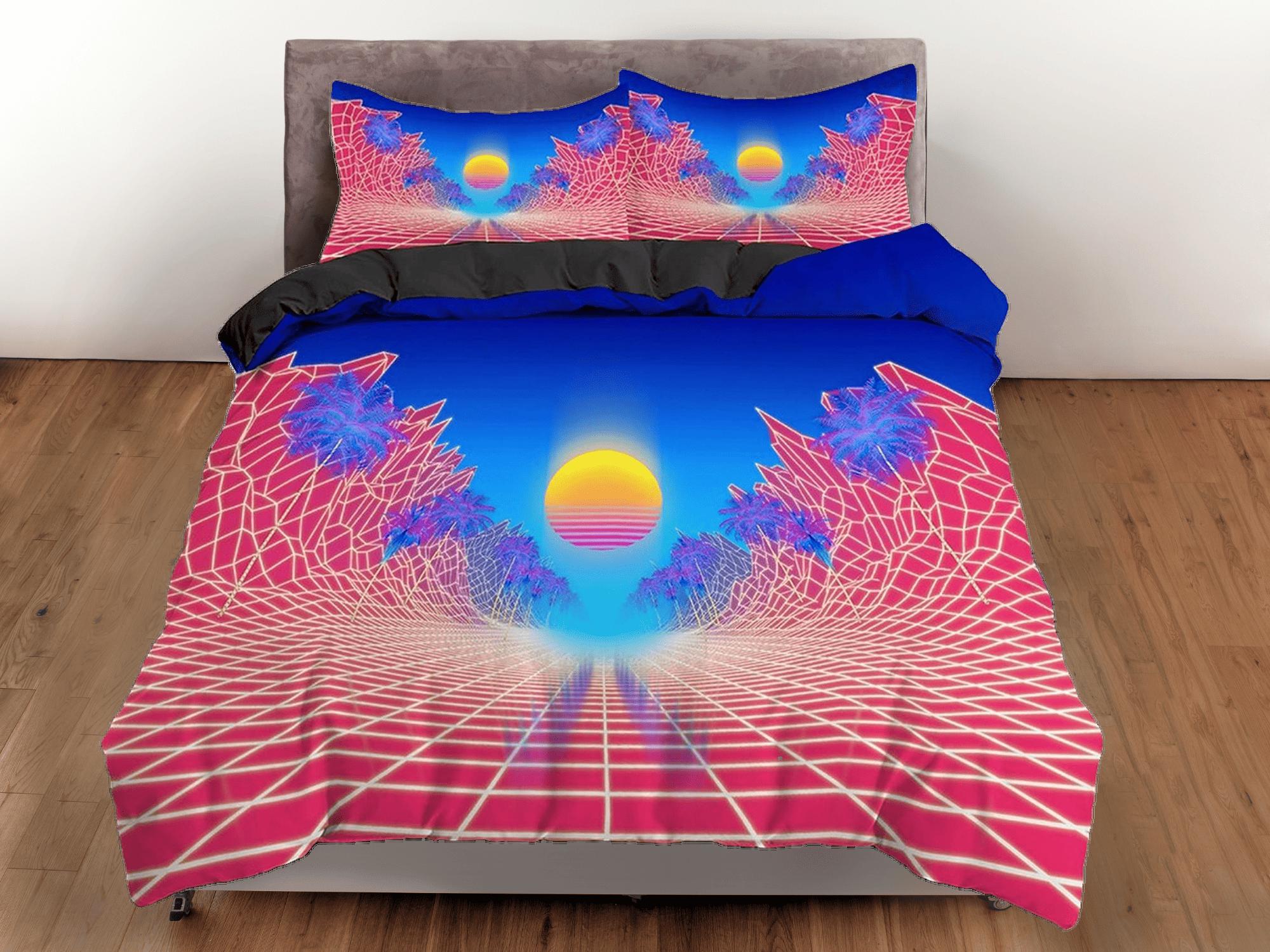 daintyduvet Vaporwave Sun in Pink and Blue Bedding, Cool Hippie Geometric Duvet Cover Set, Trippy Psychedelic Bed Cover, 90s Nostalgia Home Decor