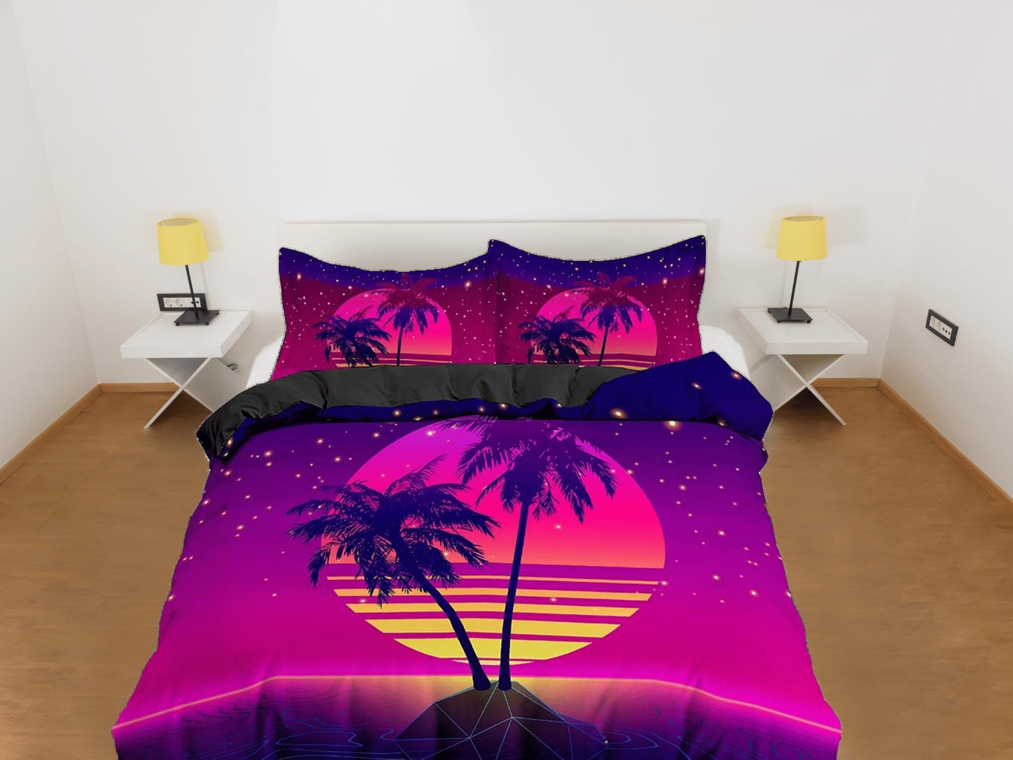 daintyduvet Vaporwave Sunset in Tropical Beach Bedding, Cool Hippie Pink Purple Duvet Cover Set, Trippy Psychedelic Bed Cover 90s Nostalgia Unisex