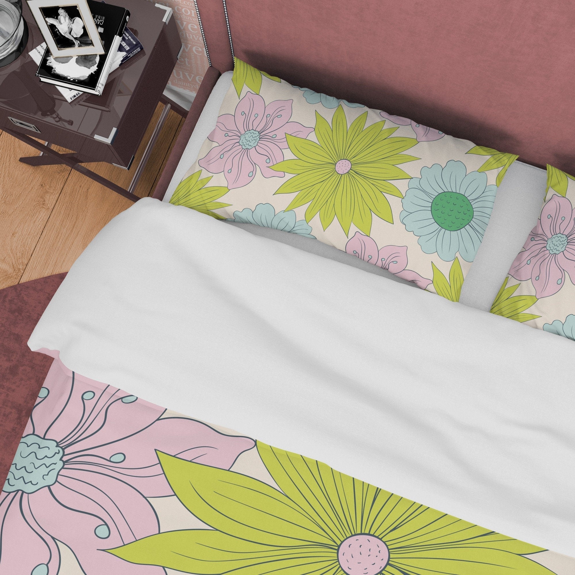 Vibrant Green Floral Boho Bedding Colorful Duvet Cover Bohemian Bedroom Set, Flower Quilt Cover, Aesthetic Unique Girl Room Bedspread
