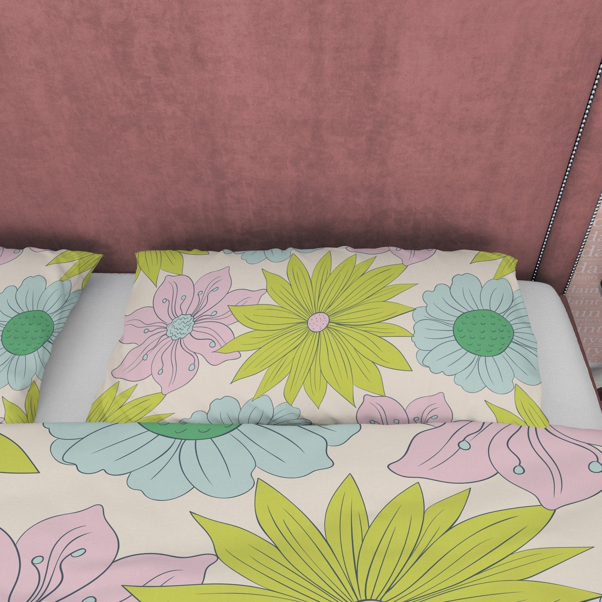 Vibrant Green Floral Boho Bedding Colorful Duvet Cover Bohemian Bedroom Set, Flower Quilt Cover, Aesthetic Unique Girl Room Bedspread