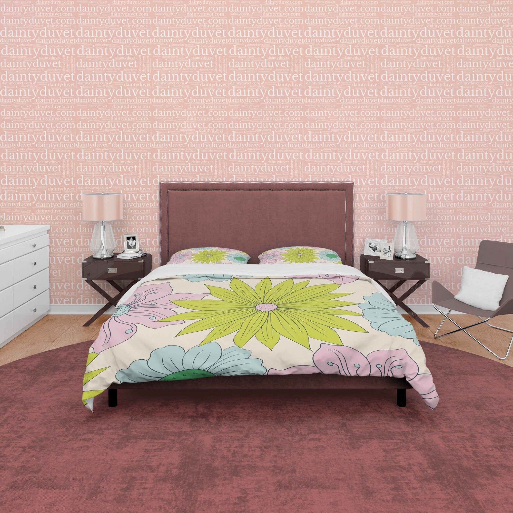 Vibrant Green Floral Boho Bedding Colorful Duvet Cover Bohemian Bedroom Set, Flower Quilt Cover, Aesthetic Unique Girl Room Bedspread