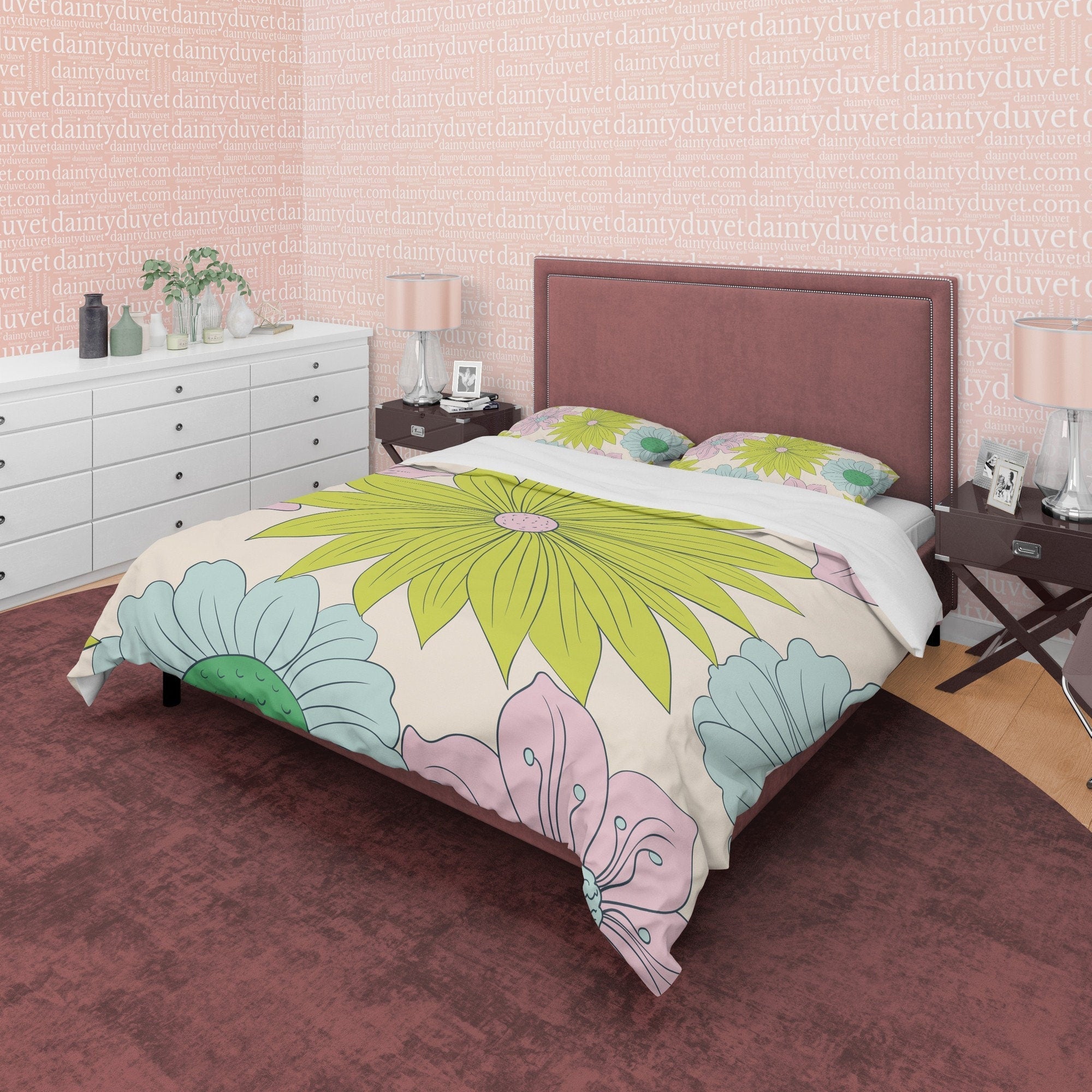 Vibrant Green Floral Boho Bedding Colorful Duvet Cover Bohemian Bedroom Set, Flower Quilt Cover, Aesthetic Unique Girl Room Bedspread