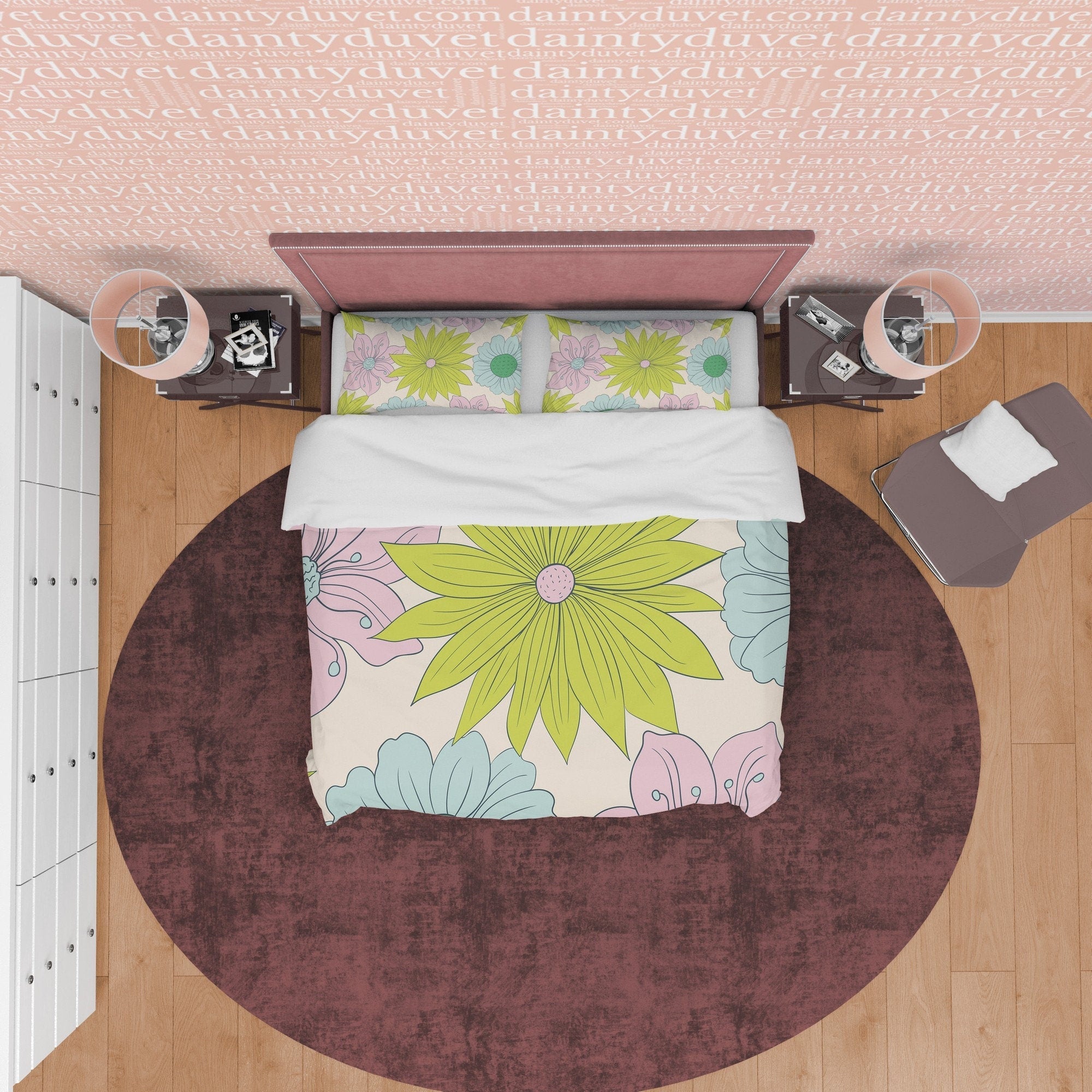 Vibrant Green Floral Boho Bedding Colorful Duvet Cover Bohemian Bedroom Set, Flower Quilt Cover, Aesthetic Unique Girl Room Bedspread