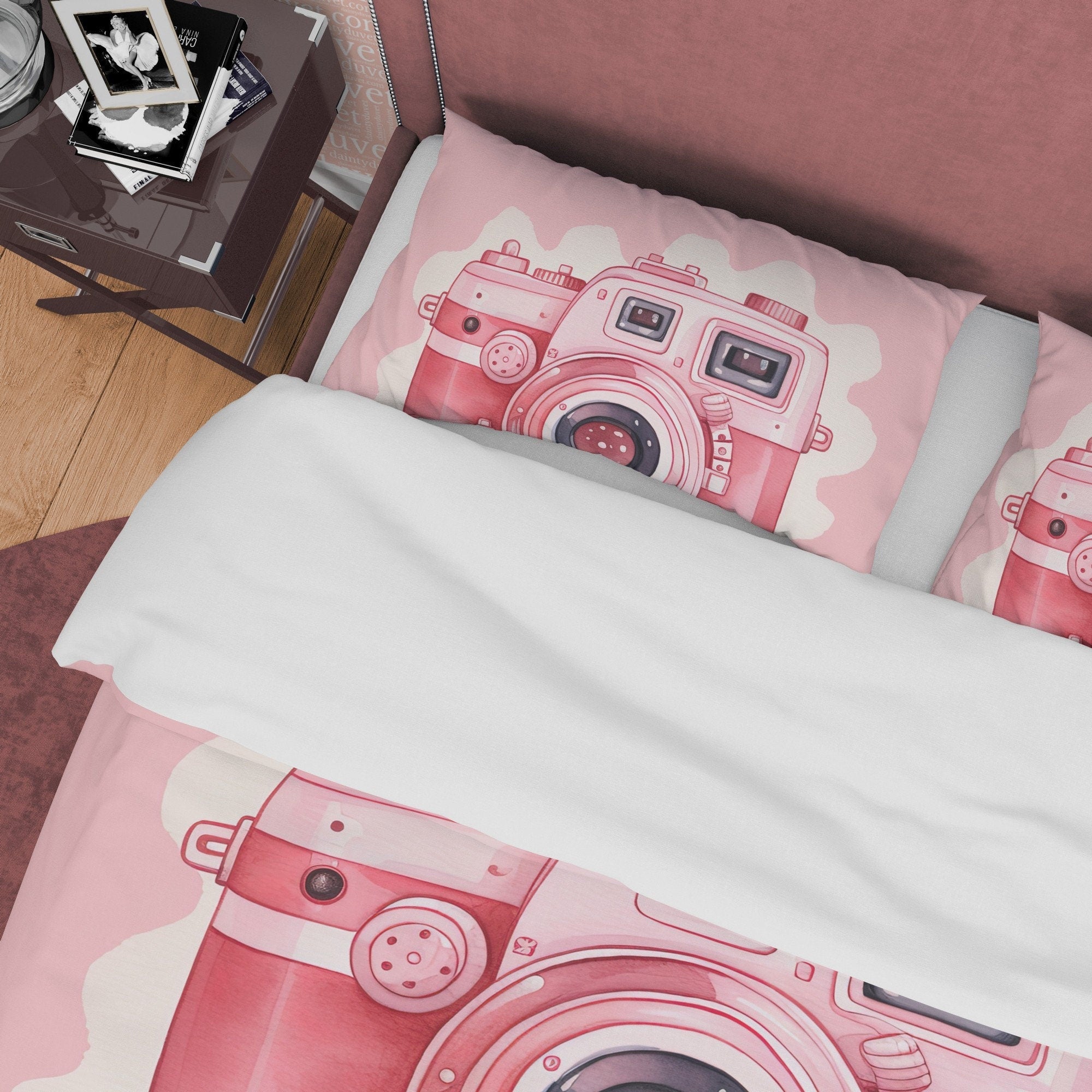 Vintage Camera Duvet Cover Set Baby Pink Bedding, Retro Girly Bedroom Set, Cute Quilt Cover, Photophille Bedspread, Photographer Giff