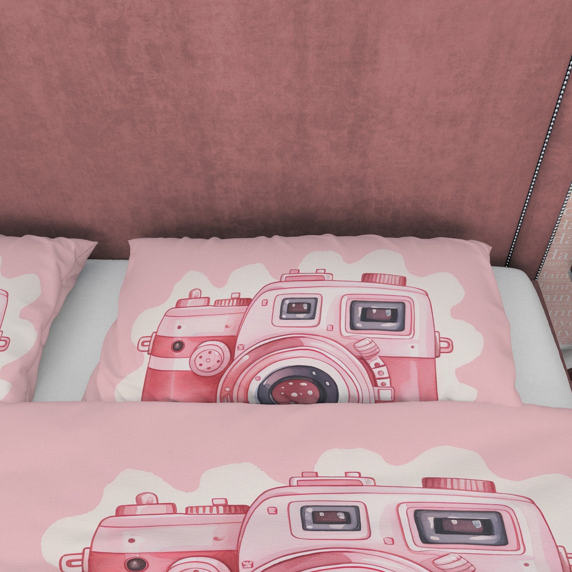 Vintage Camera Duvet Cover Set Baby Pink Bedding, Retro Girly Bedroom Set, Cute Quilt Cover, Photophille Bedspread, Photographer Giff
