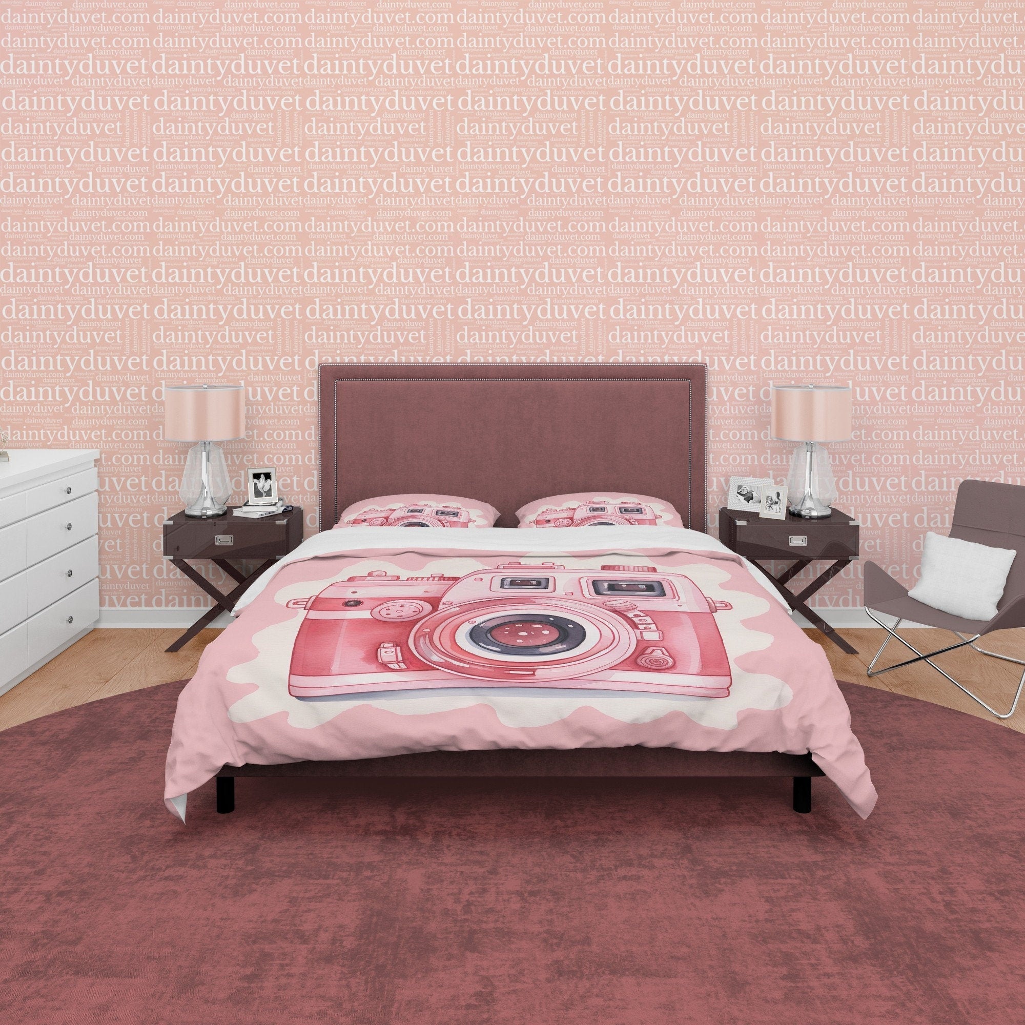 Vintage Camera Duvet Cover Set Baby Pink Bedding, Retro Girly Bedroom Set, Cute Quilt Cover, Photophille Bedspread, Photographer Giff