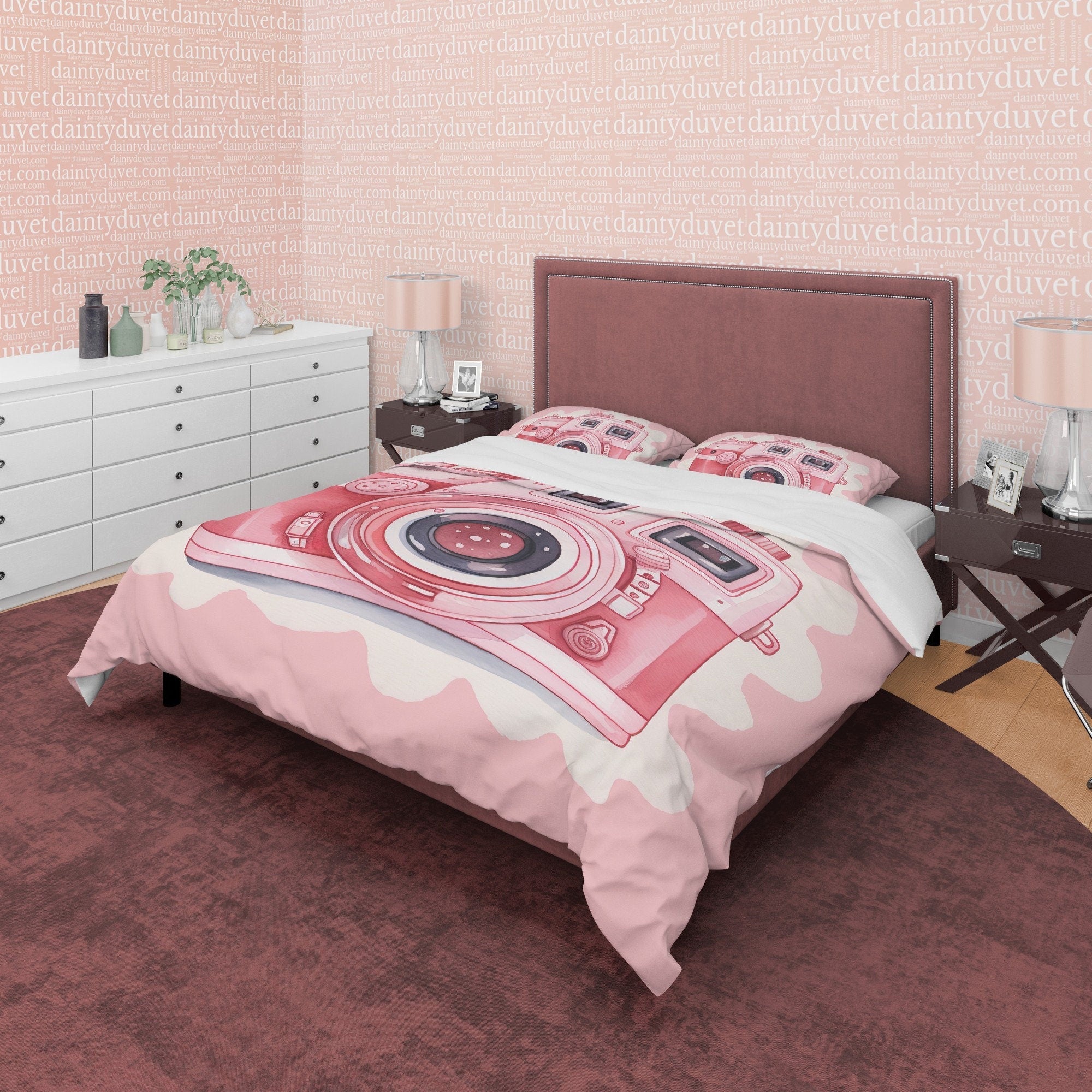 Vintage Camera Duvet Cover Set Baby Pink Bedding, Retro Girly Bedroom Set, Cute Quilt Cover, Photophille Bedspread, Photographer Giff