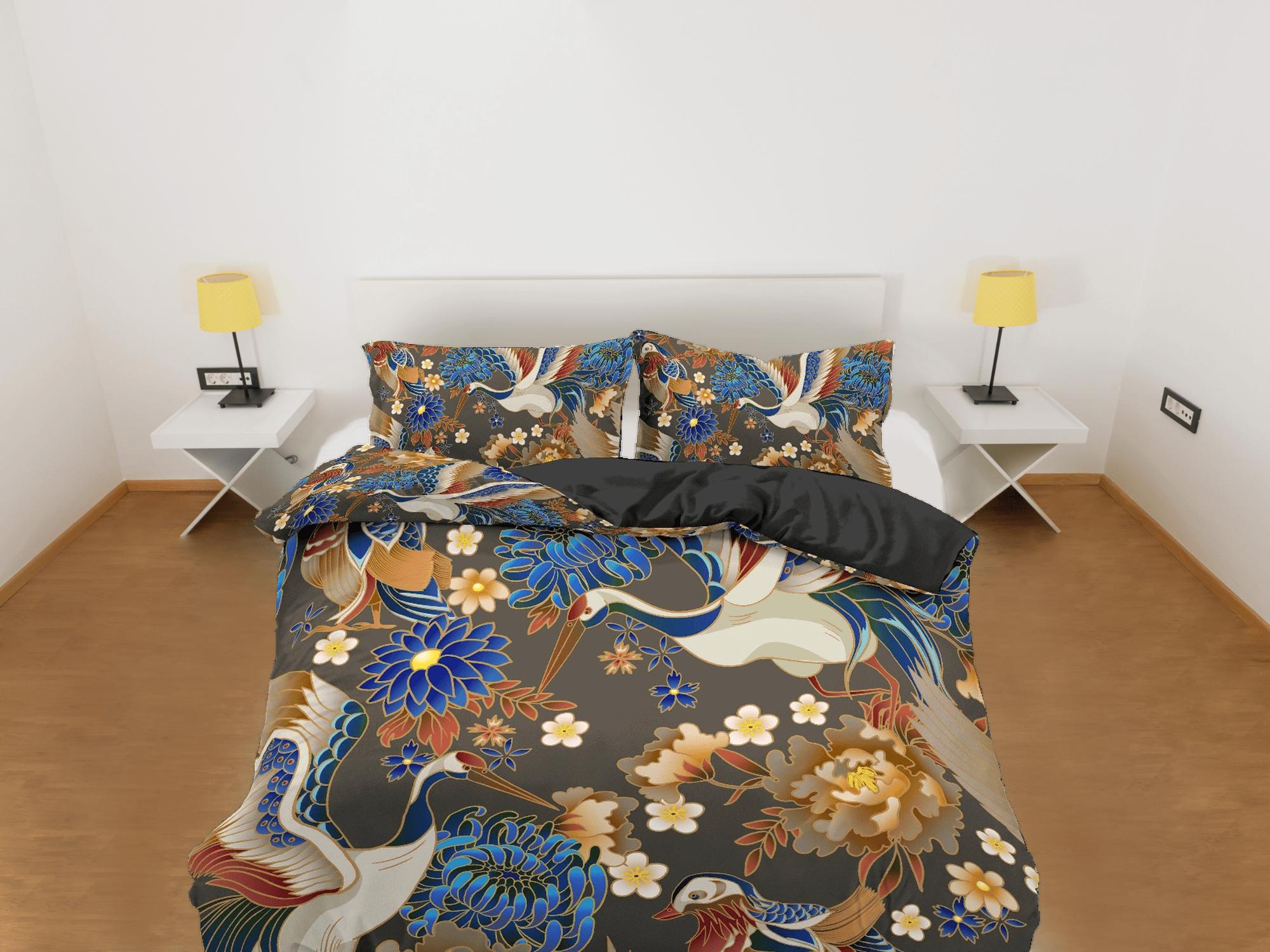 daintyduvet Vintage Floral Duvet Cover Set | Japanese Art Crane Bird Dorm Bedding Set with Pillowcase | Size King, Queen, Full, Twin & Single Bedspread