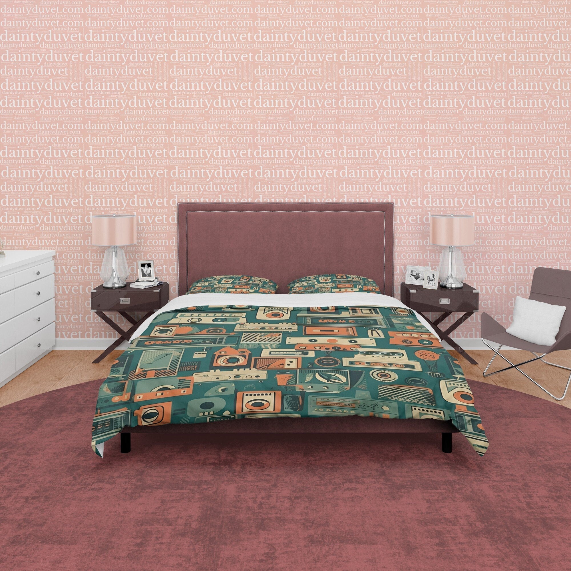 Vintage Gadget Geometric Duvet Cover Retro Bedding Set, Unique Audio Speaker Green Blanket Cover, Old Camera Quilt Cover, Zipper Bedding