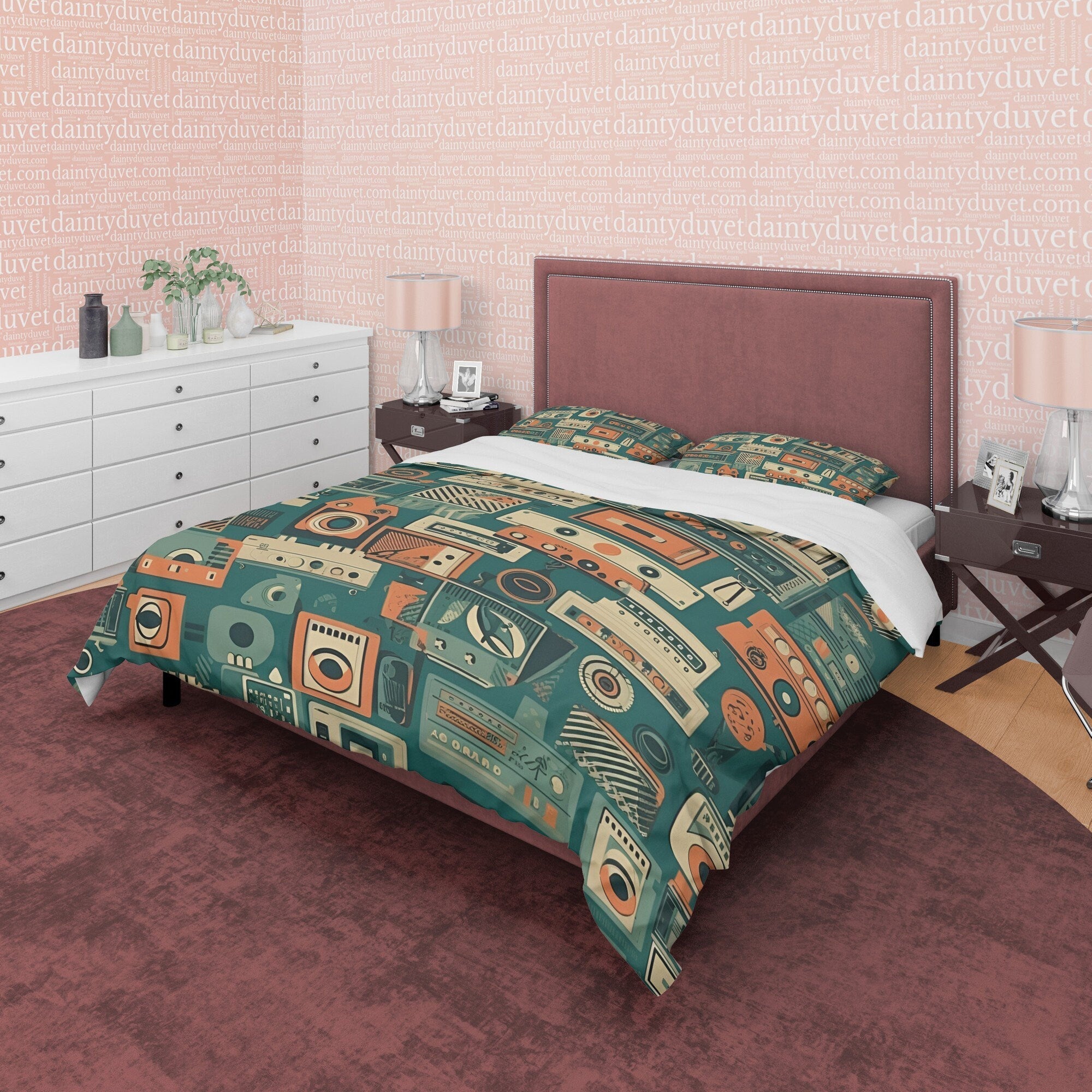 Vintage Gadget Geometric Duvet Cover Retro Bedding Set, Unique Audio Speaker Green Blanket Cover, Old Camera Quilt Cover, Zipper Bedding