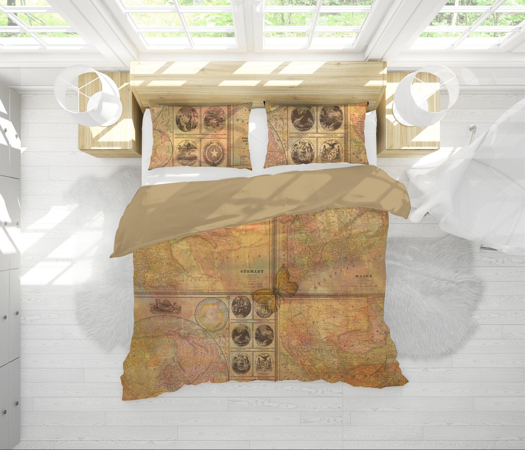 daintyduvet Vintage Map Duvet Cover Set | Brown Bedding Set & Pillow Case | World Map Design Bedding Set | For King, Queen, Full, Twin, Single Bed Sizes
