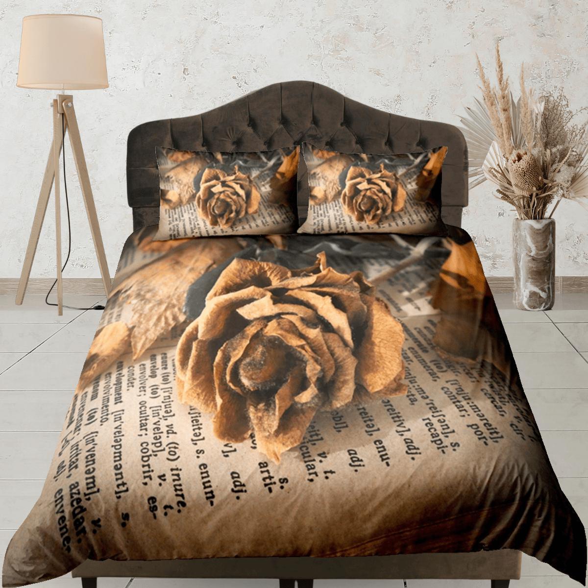 daintyduvet Vintage Paper Roses Duvet Cover Set Bedspread, Floral Dorm Bedding Pillowcase