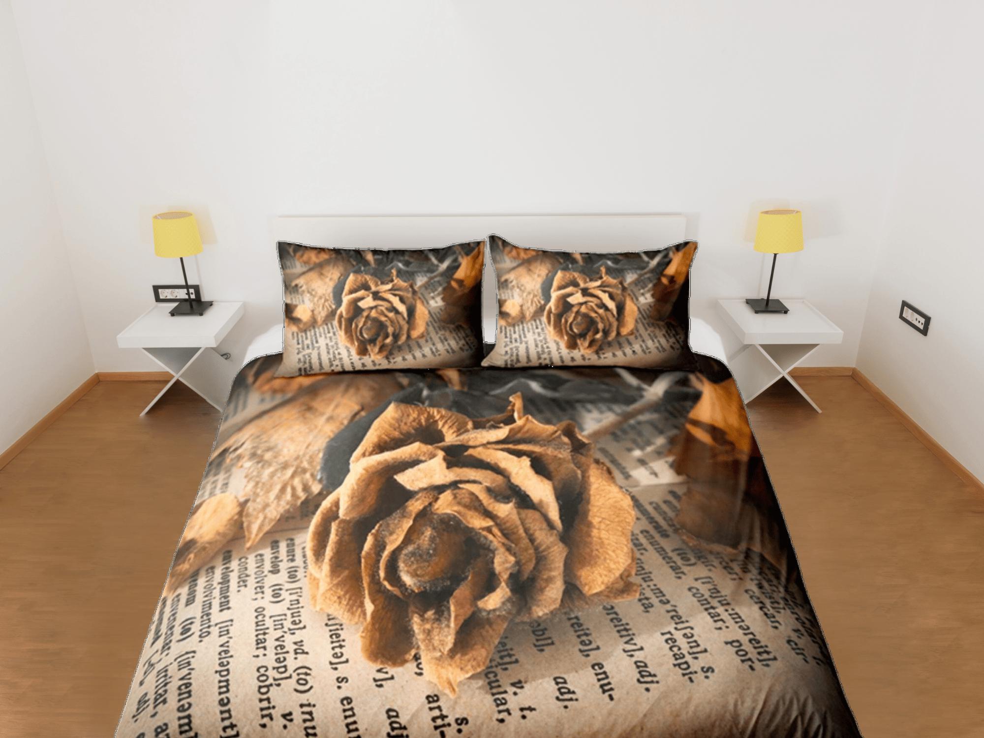 daintyduvet Vintage Paper Roses Duvet Cover Set Bedspread, Floral Dorm Bedding Pillowcase