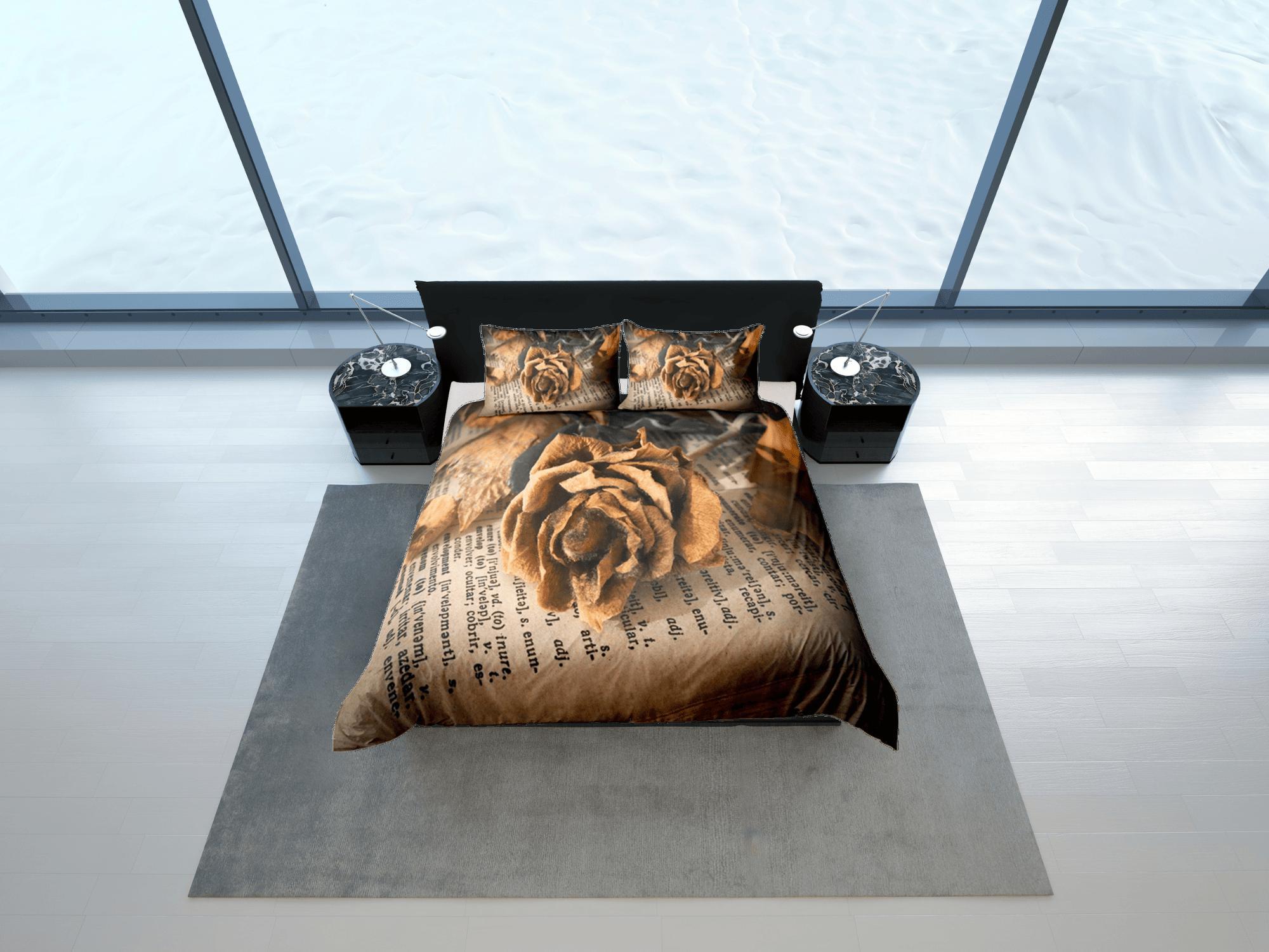 daintyduvet Vintage Paper Roses Duvet Cover Set Bedspread, Floral Dorm Bedding Pillowcase