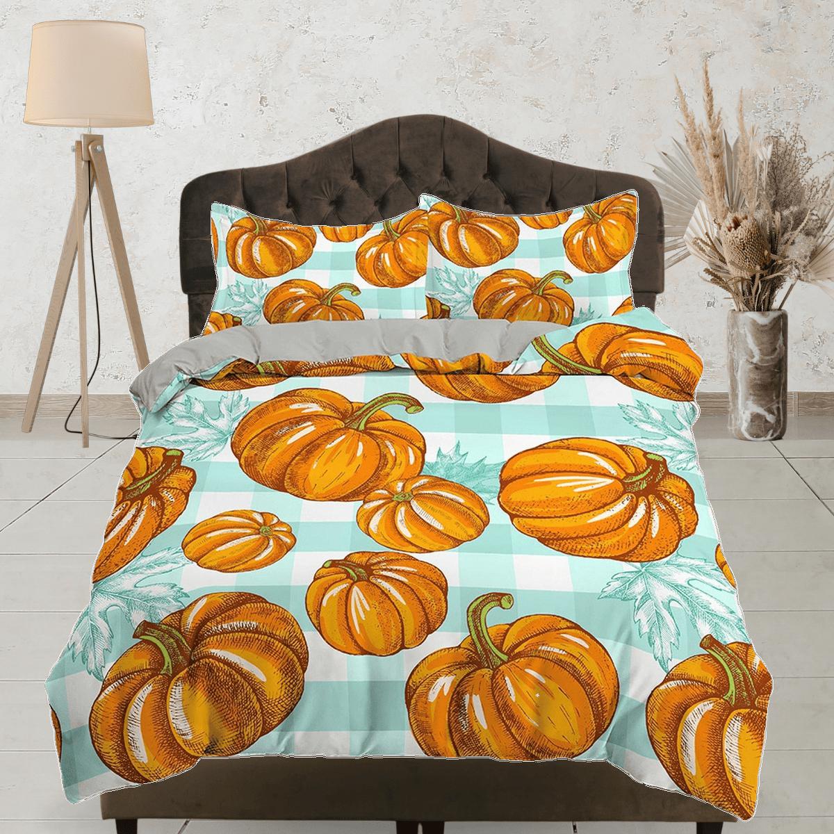 daintyduvet Vintage pumpkin gingham plaid halloween full size bedding & pillowcase, duvet cover set dorm bedding, shabby chic bedding, halloween gift